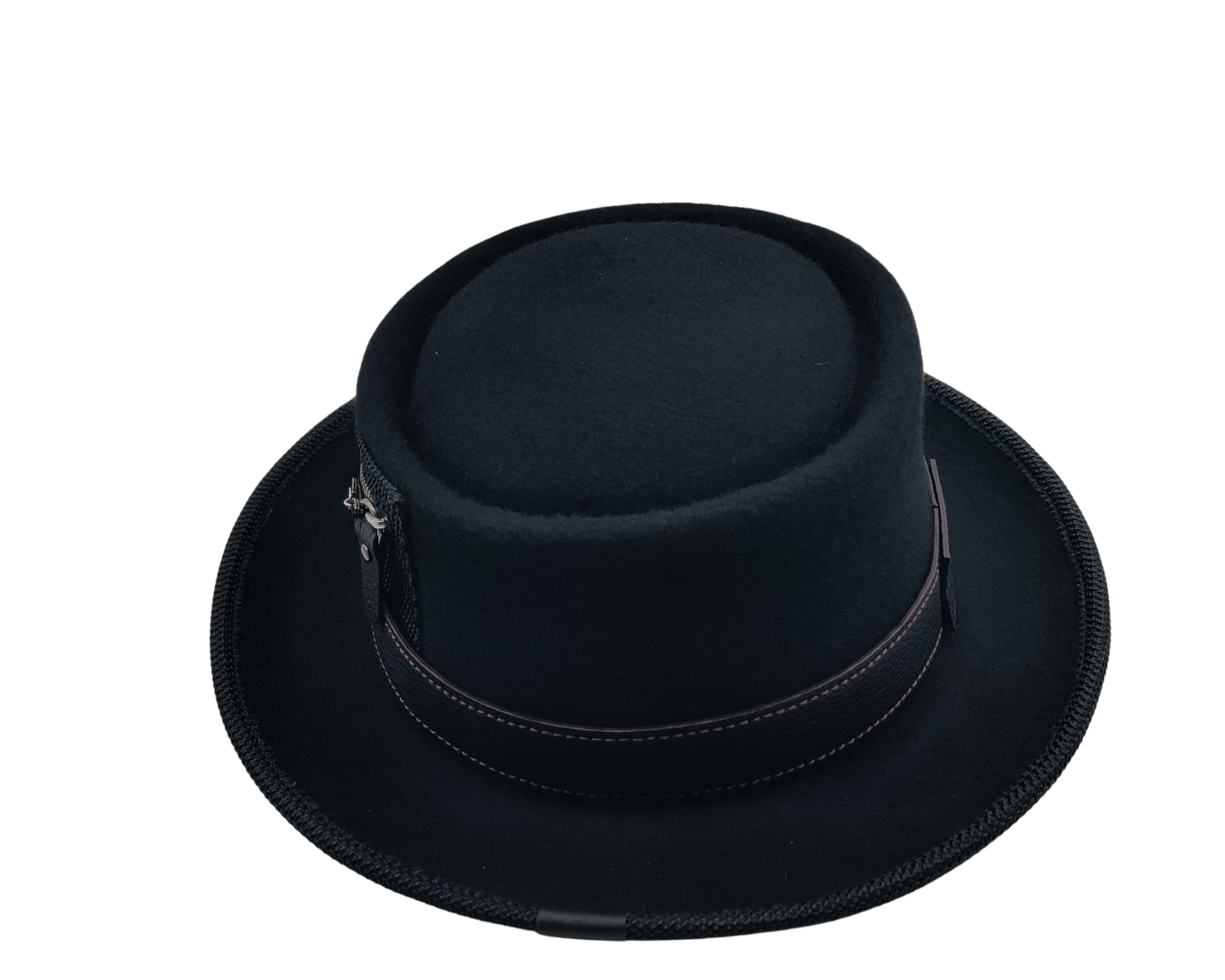 Side view of Aston Custom Zipper Pork Pie Hat showcasing custom zipper feature by Scarves & Fedoras