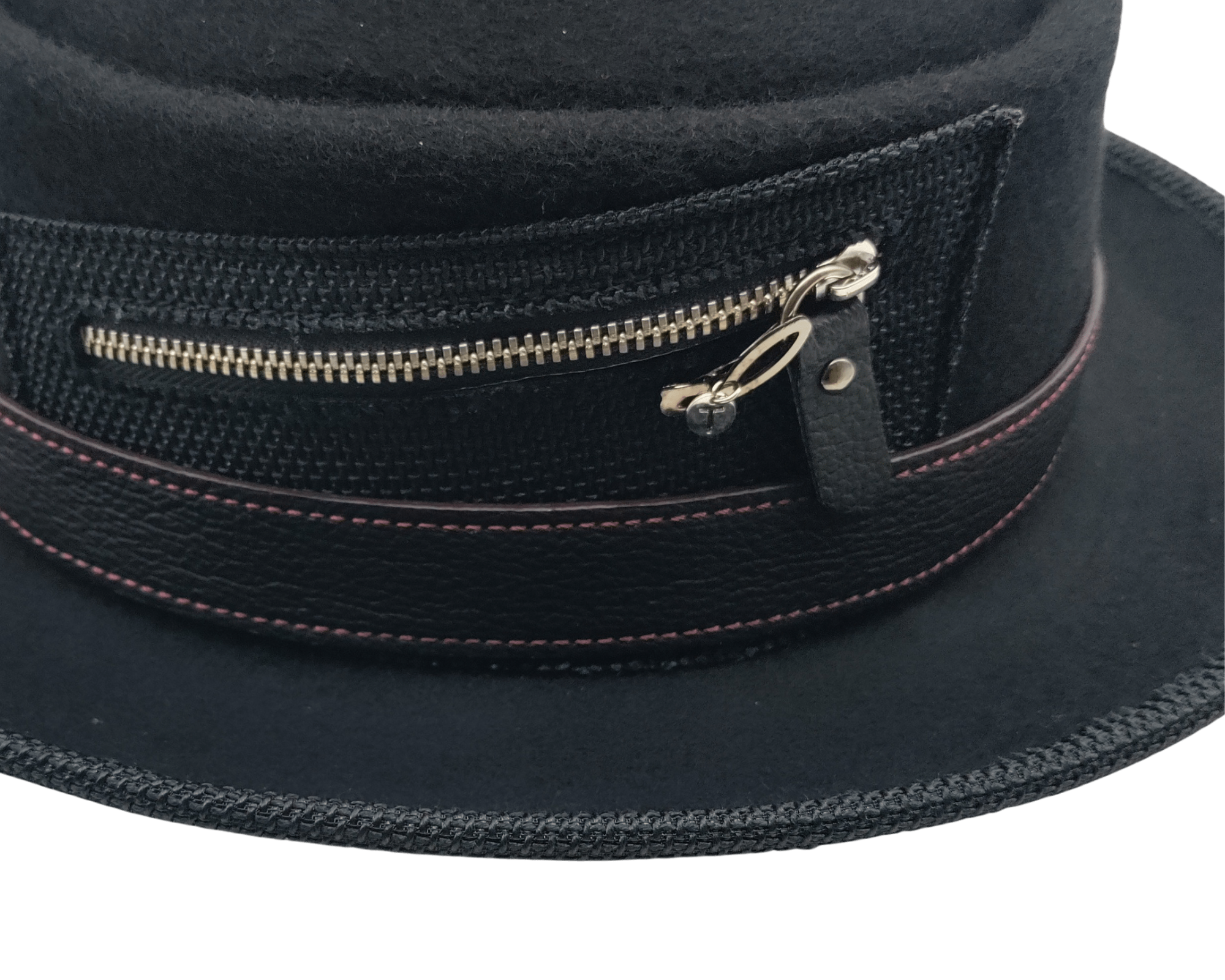 Stylish Aston Custom Zipper Pork Pie Hat worn outdoors in winter by Scarves & Fedoras
