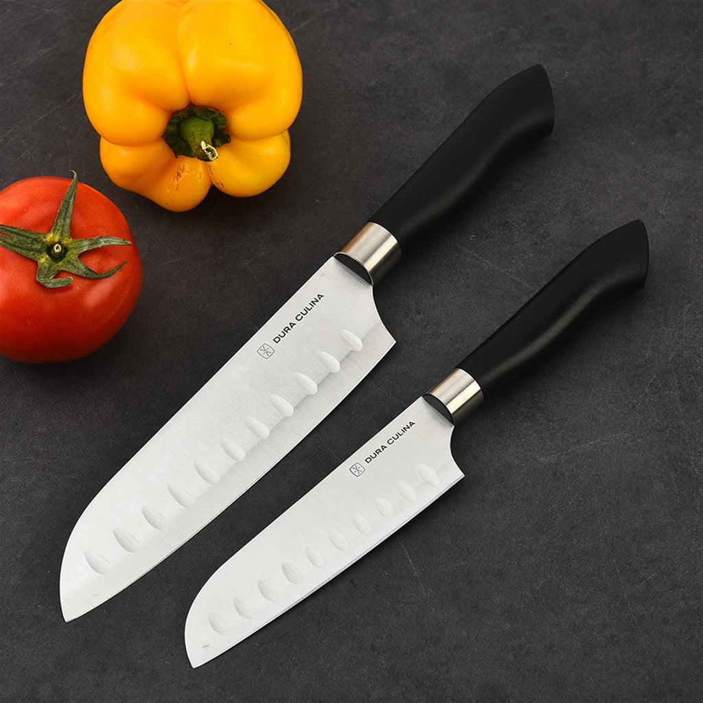2 Piece Santoku Knife Set with Matching Blade Guards, Black