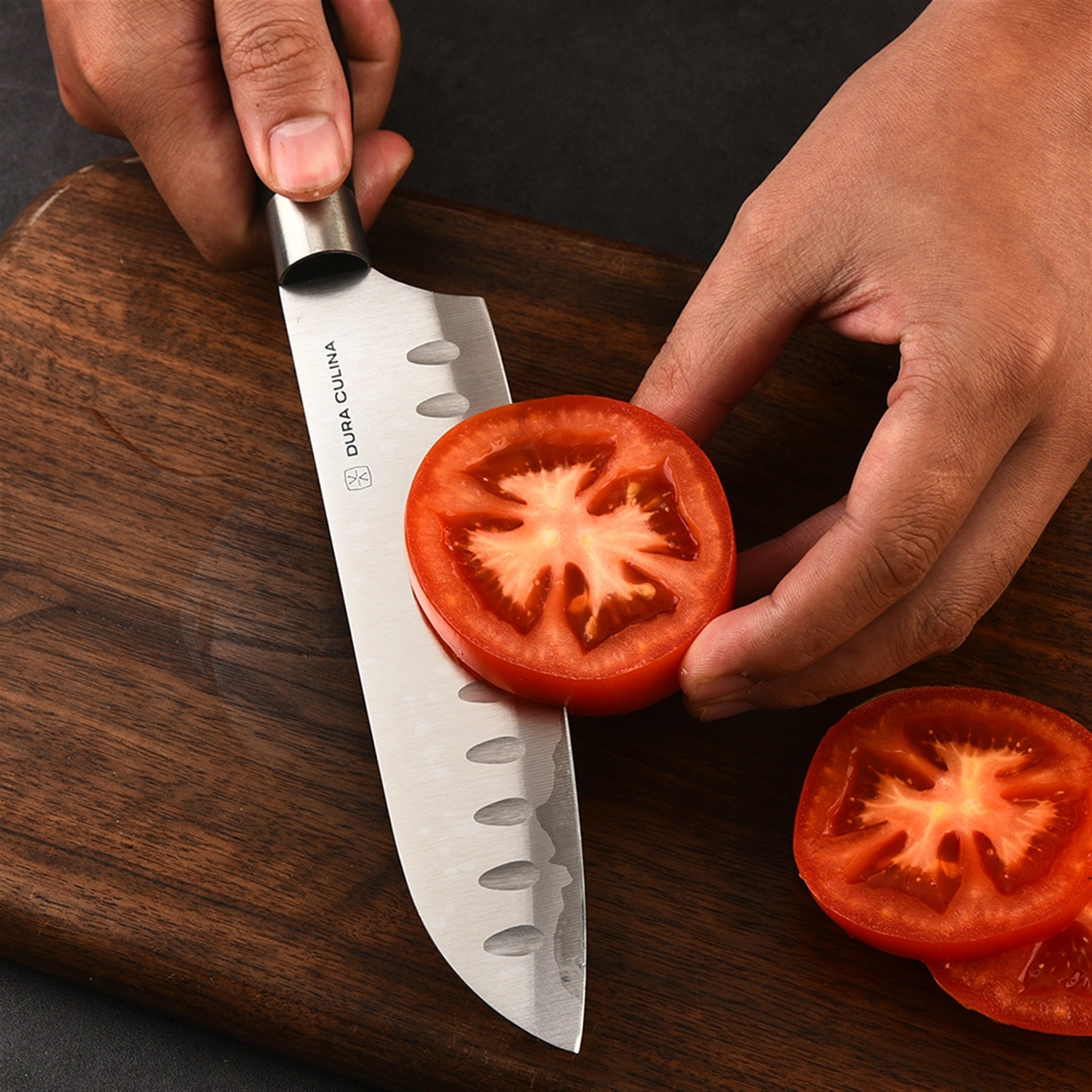 Dura Living Santoku knife set displayed on a cutting board
