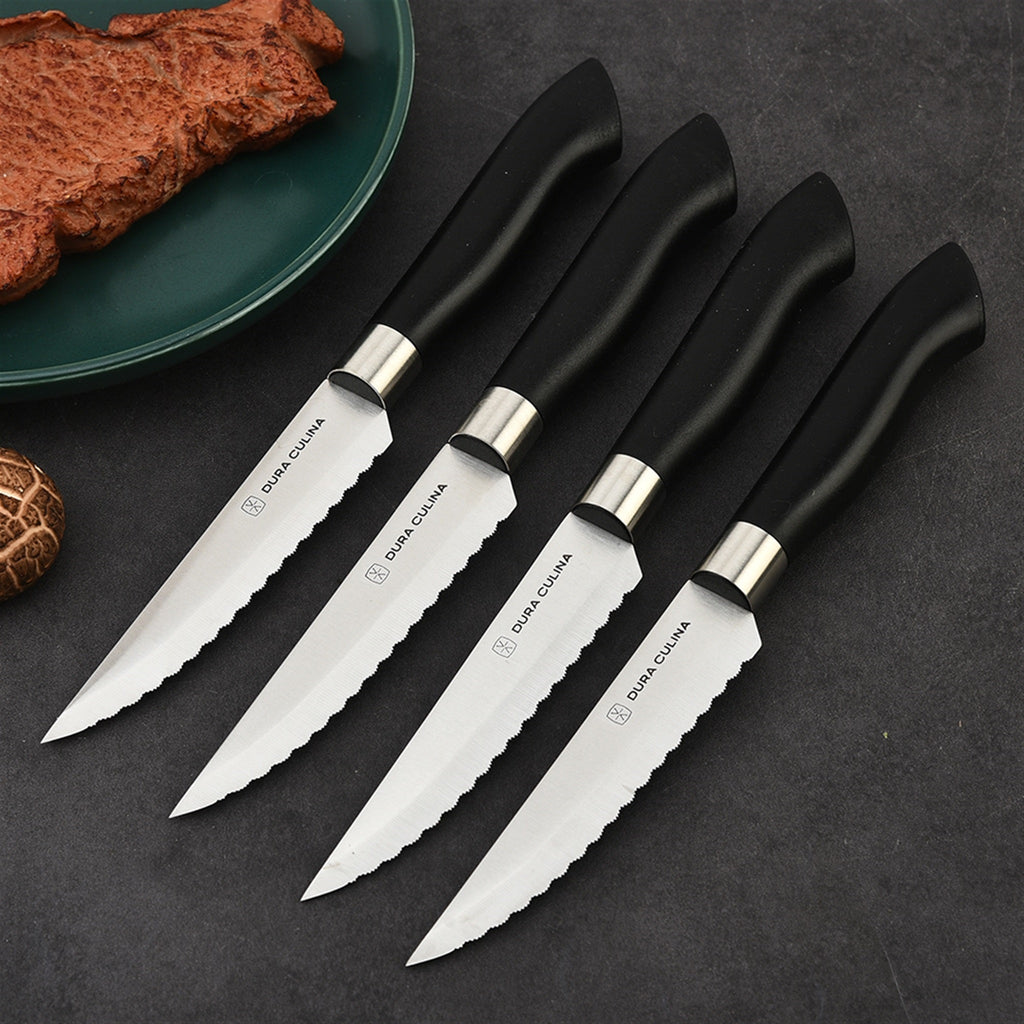 Dura Living 8-Piece Micro Serrated Steak Knife Set displayed with grilled steak