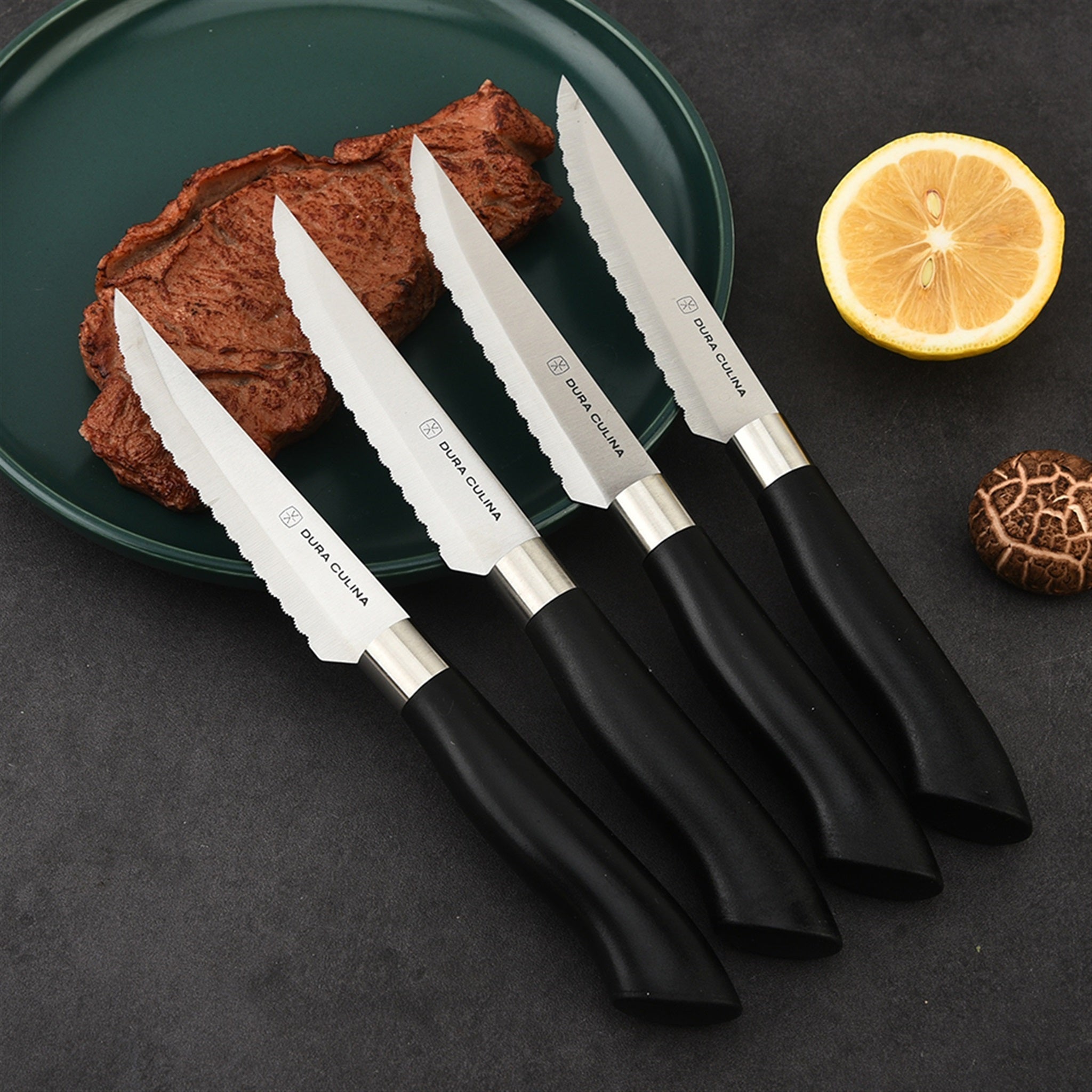 Dura Living 8-Piece Micro Serrated Steak Knife Set showcasing ergonomic handles