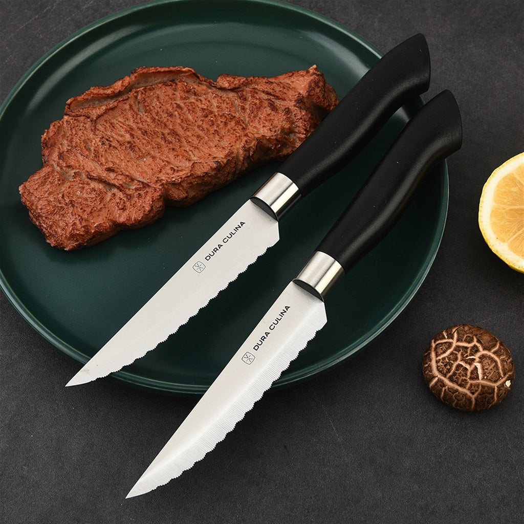 Group shot of Dura Living 8-Piece Micro Serrated Steak Knife Set in a kitchen setting