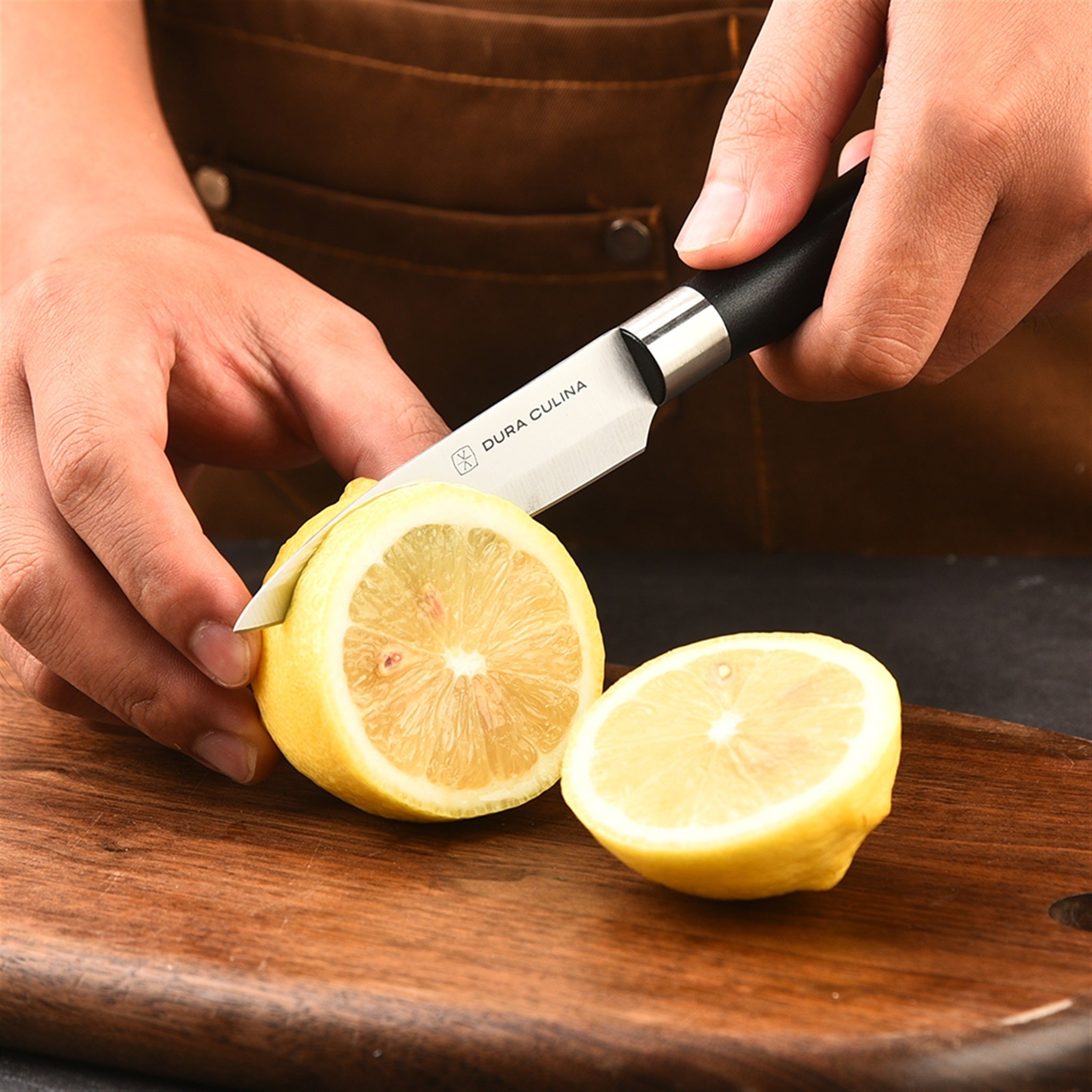 Close-up of sharp blades in Dura Living Kitchen Knife Set with Protective Guards