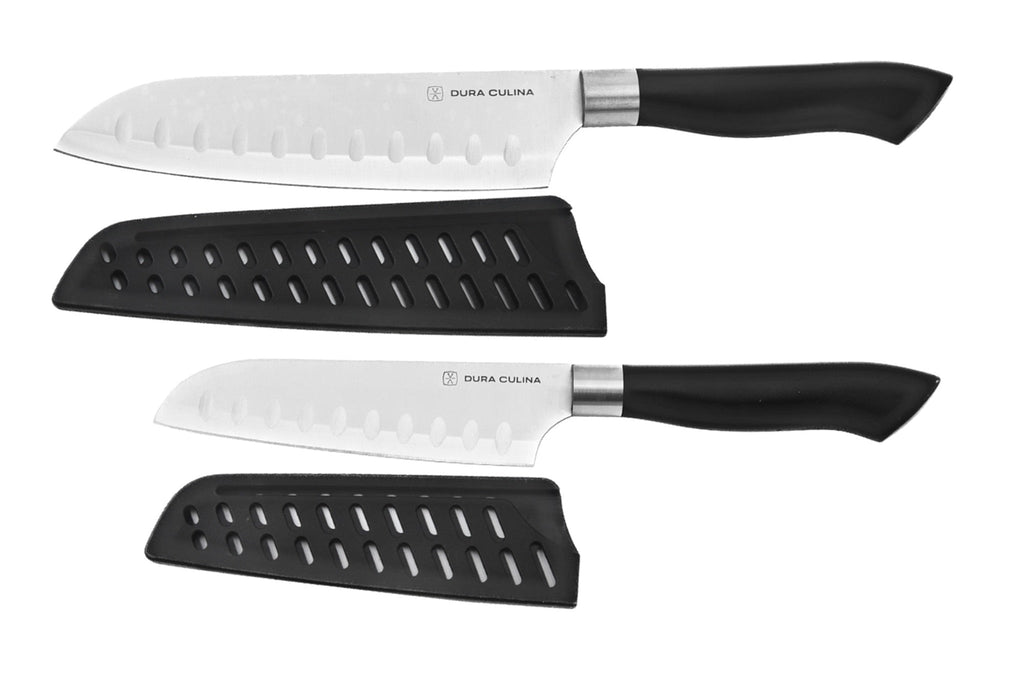 2 Piece Santoku Knife Set with Matching Blade Guards, Black