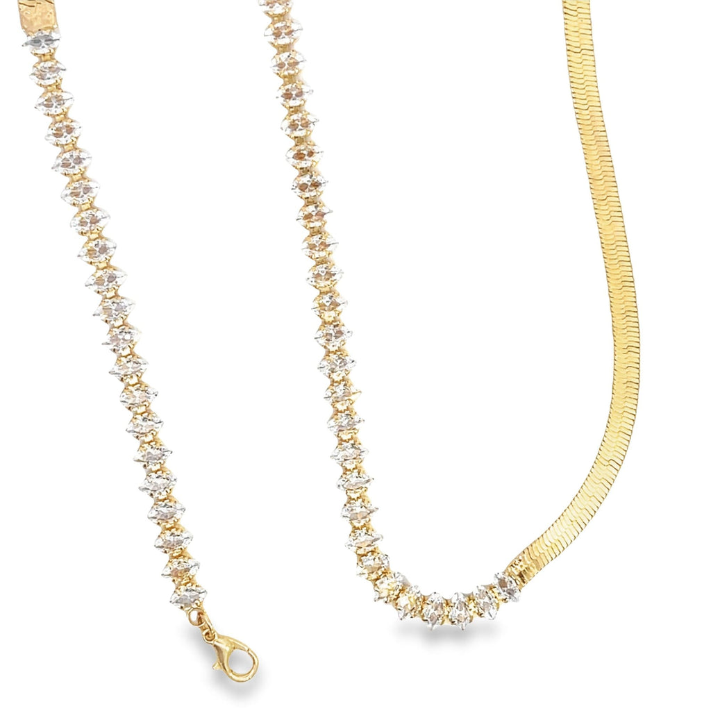 Chic 18K Gold Filled Half Tennis & Herringbone Bracelet on a jewelry stand