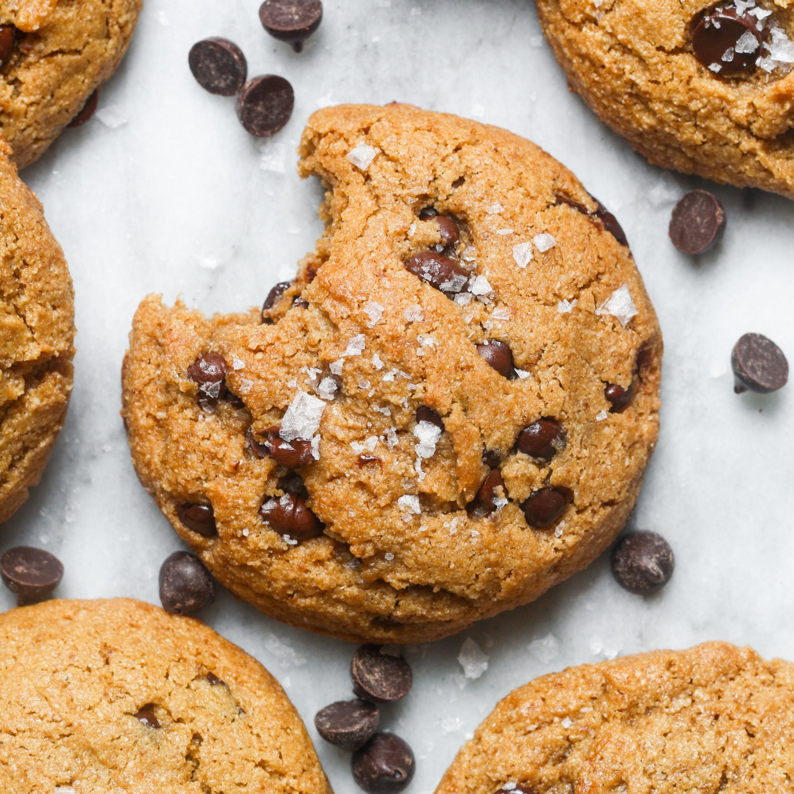 Close-up of Sweet Addison's gluten-free chocolate chip cookie with melted chocolate