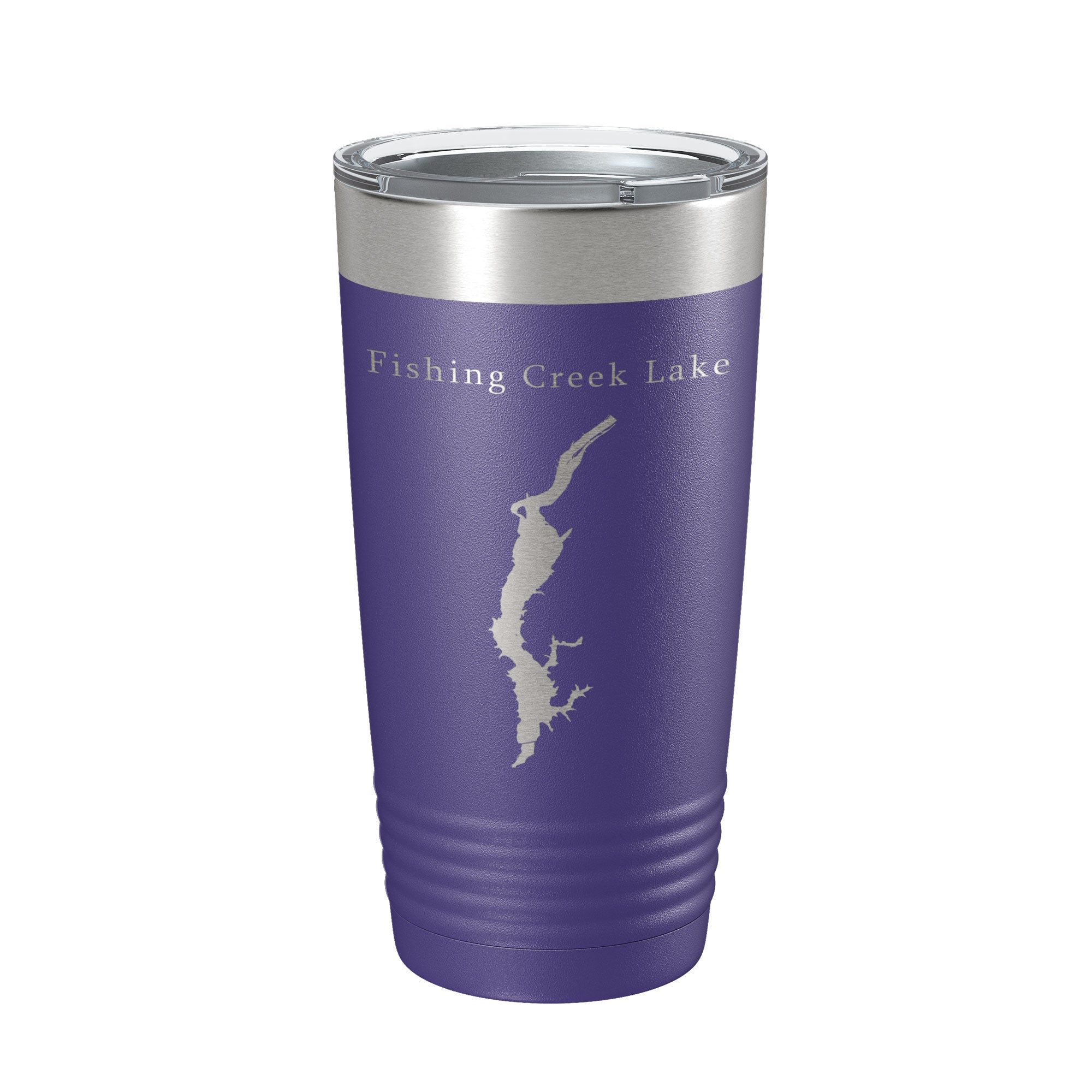 Fishing Creek Lake Map Insulated Tumbler in a hand with lake view