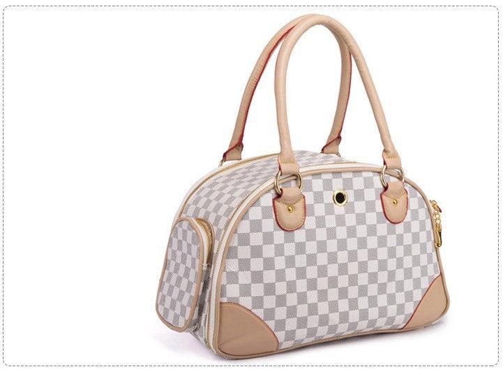 Lifestyle shot of Chic Luxury Leather Pet Travel Tote outdoors