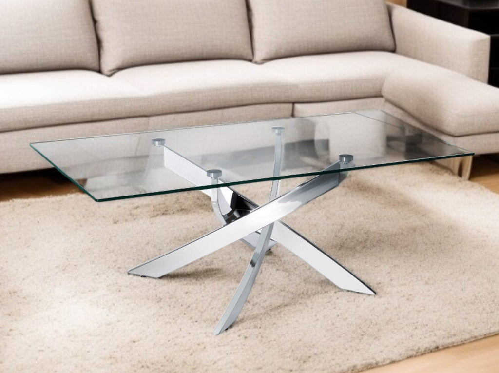 Living room setting featuring 47" Clear Glass Coffee Table by Homeroots