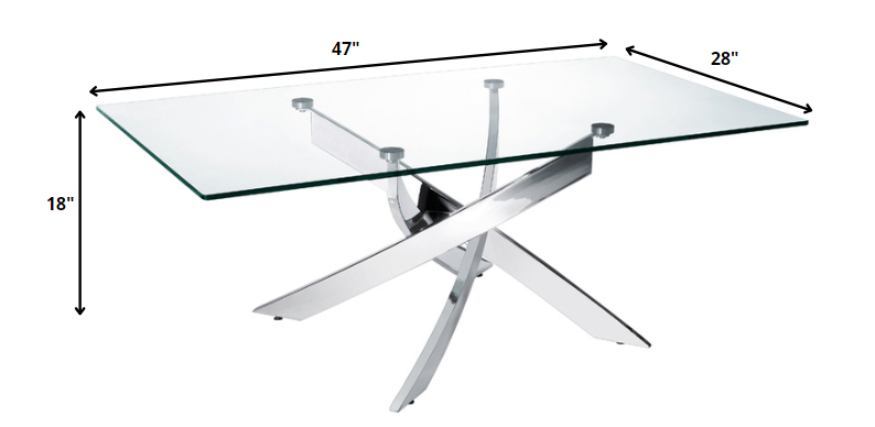 Front view of 47" Clear Glass Coffee Table with Silver Steel Legs by Homeroots