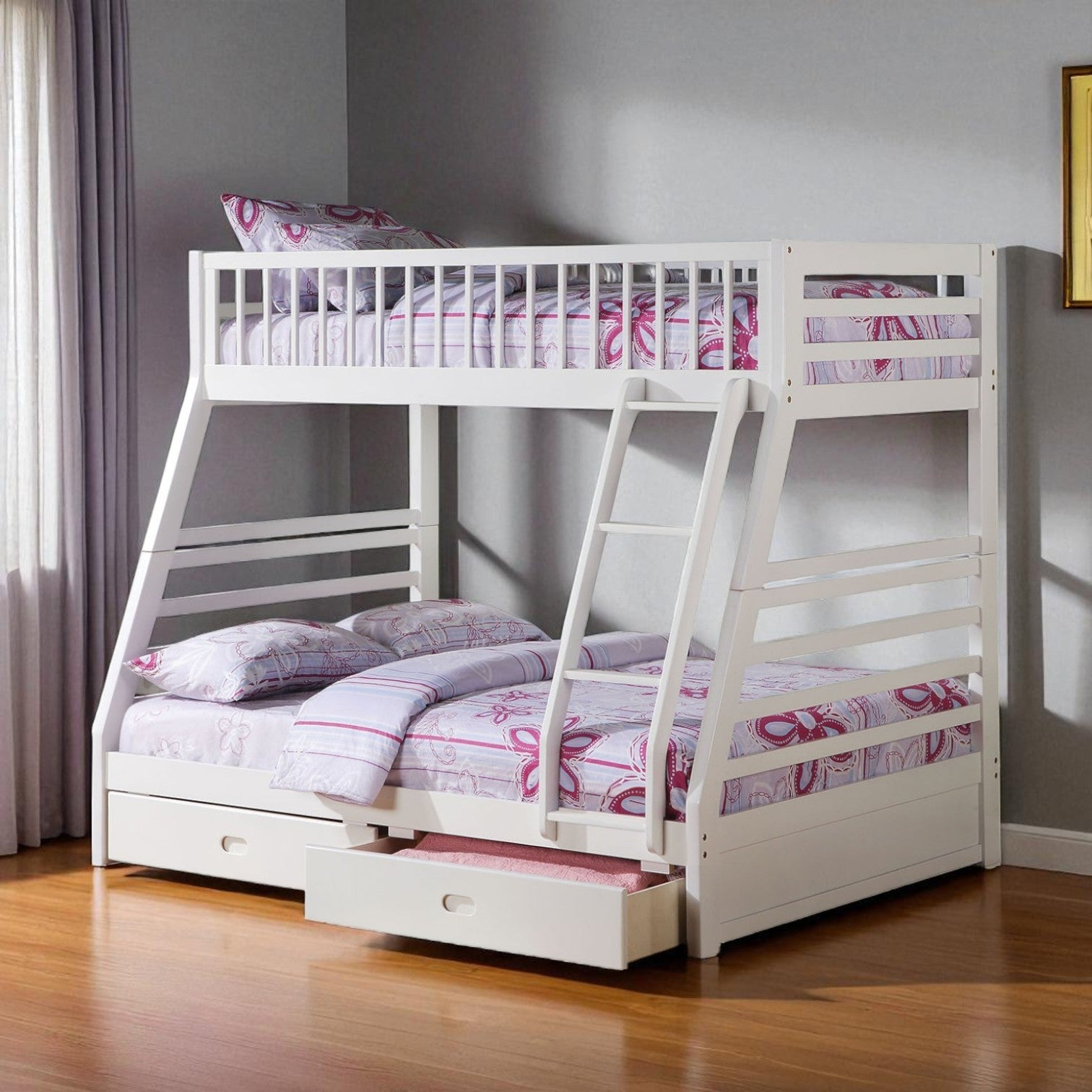 Stylish bedroom setup with white twin over full bunk bed with storage