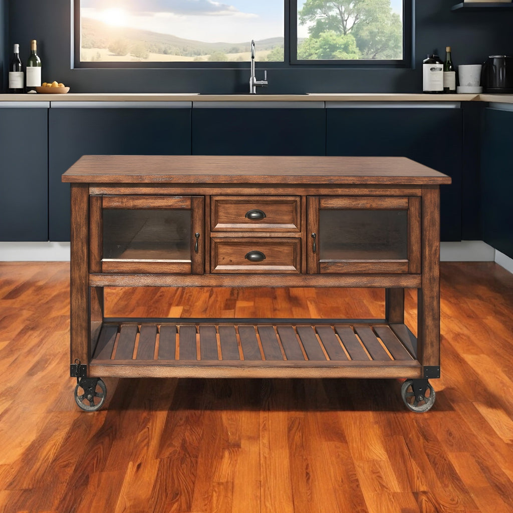 Detail of the rustic finish on 58" Rolling Kitchen Cart by Homeroots