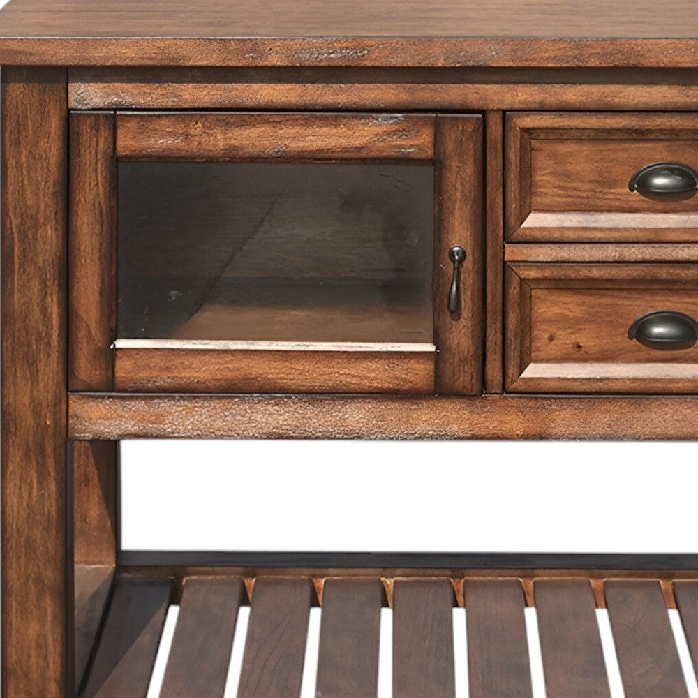 Side view showcasing the storage shelves of 58" Rustic Brown Kitchen Cart