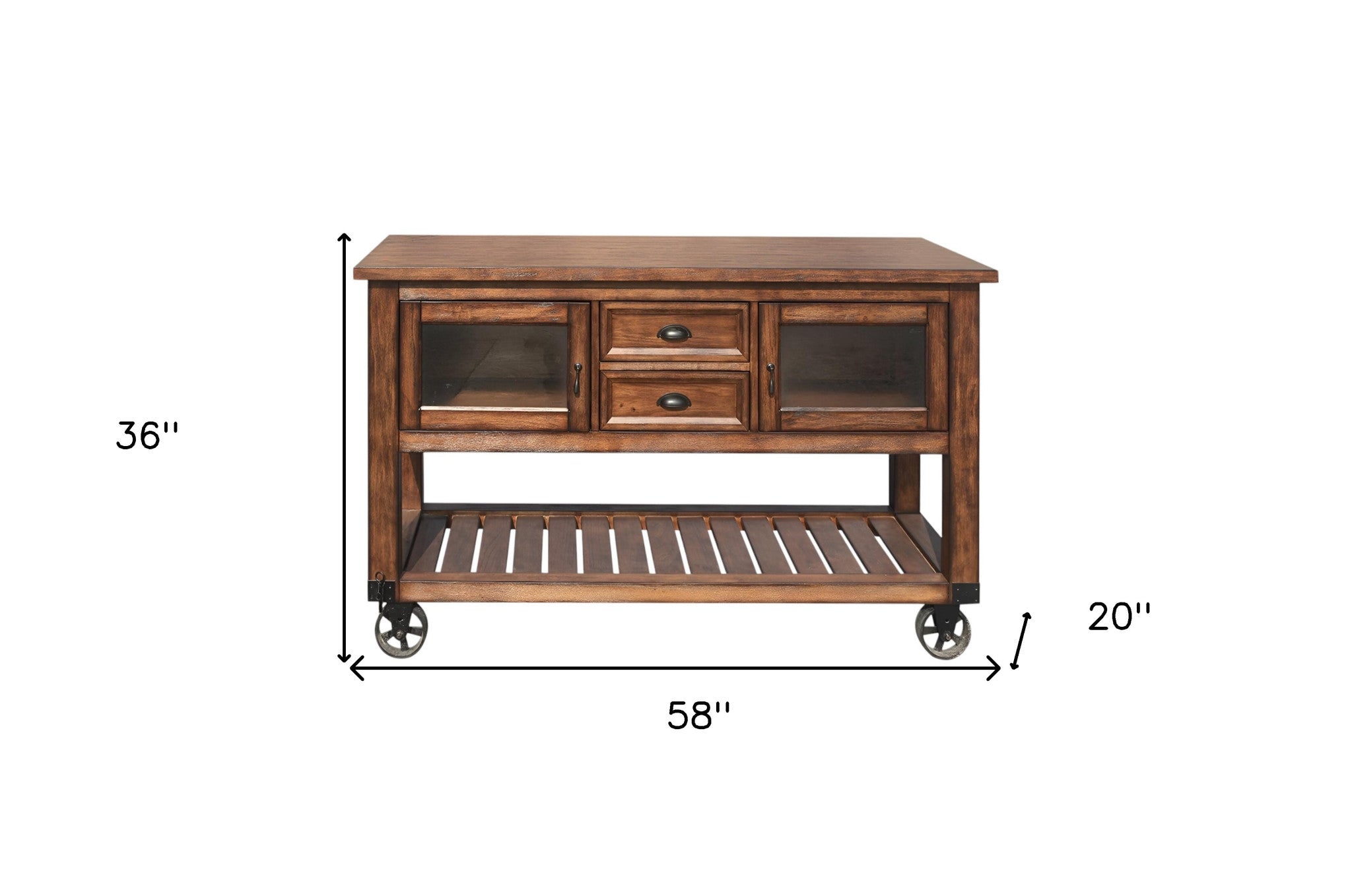 Lifestyle image of 58" Rustic Brown Rolling Kitchen Cart in a modern kitchen