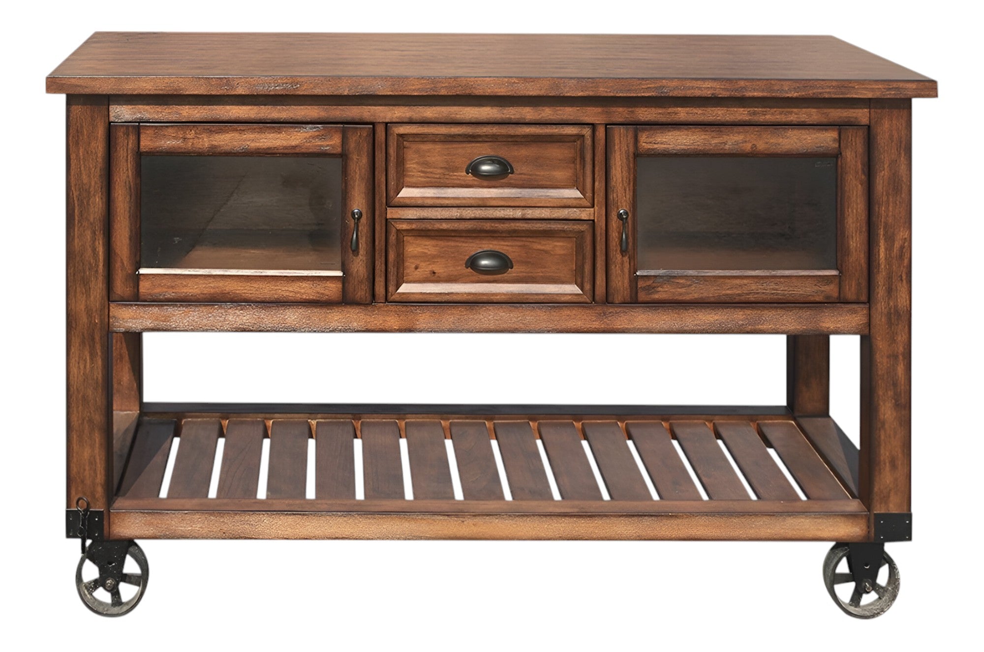 58" Rustic Brown Rolling Kitchen Cart with kitchen utensils and decor