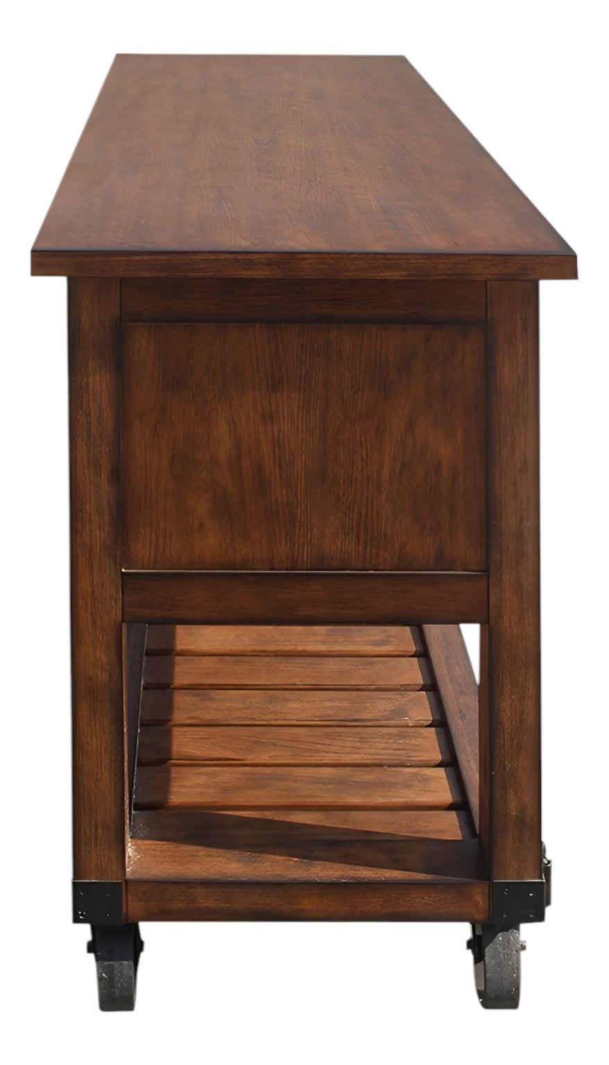 Close-up of the wood grain on the 58" Rustic Brown Rolling Kitchen Cart