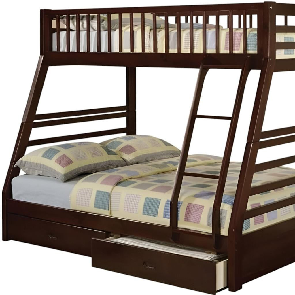Espresso Solid Wood Twin Over Full Bunk Bed styled in a children's room