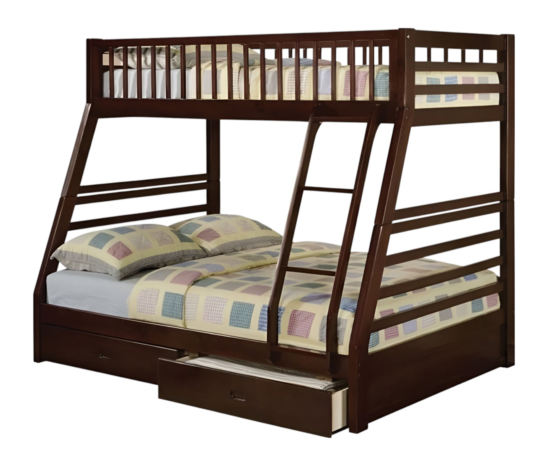 Espresso Solid Wood Twin Over Full Bunk Bed with storage side view