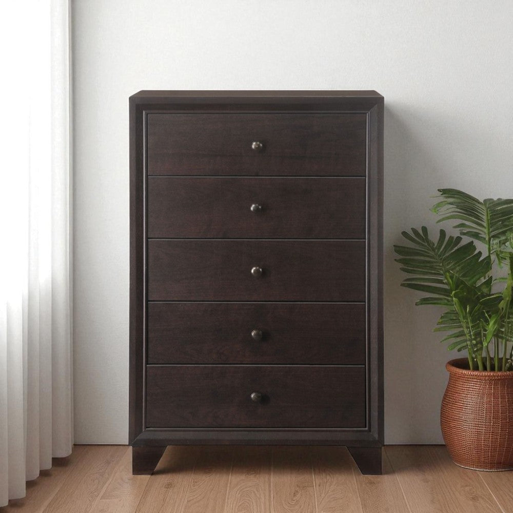 Side view showcasing the sleek design of 31-Inch Espresso Solid Wood Five Drawer Dresser