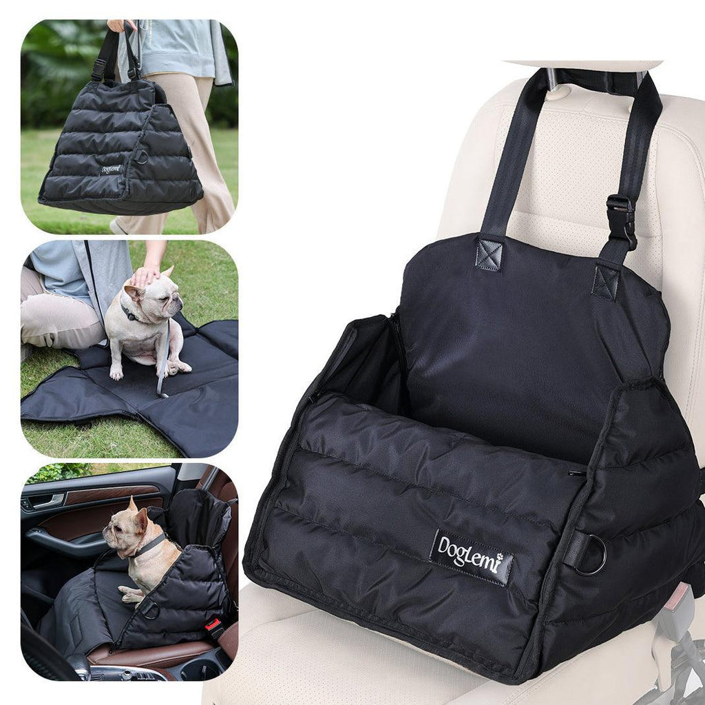 Ultimate Multi-Purpose Pet Travel Bag attached to car seat for pet safety