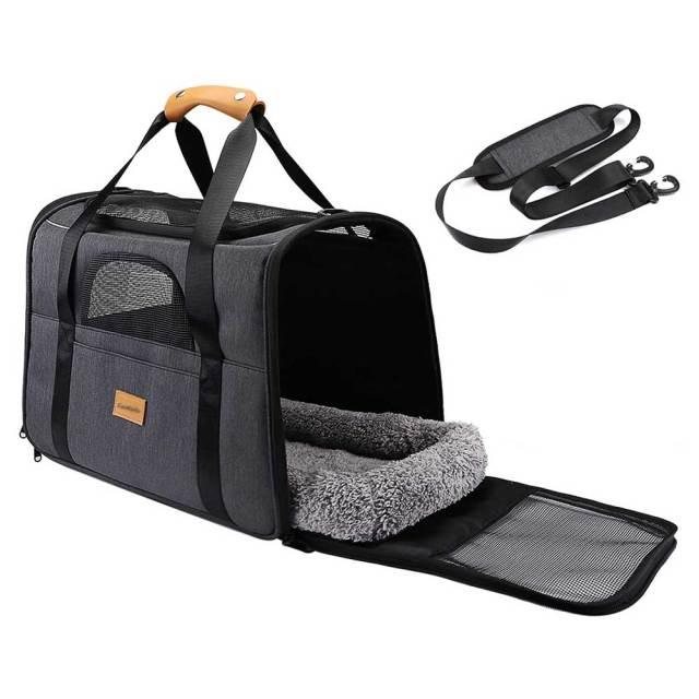 Front view of Superior Foldable Pet Carrier in black by Dog Hugs Cat