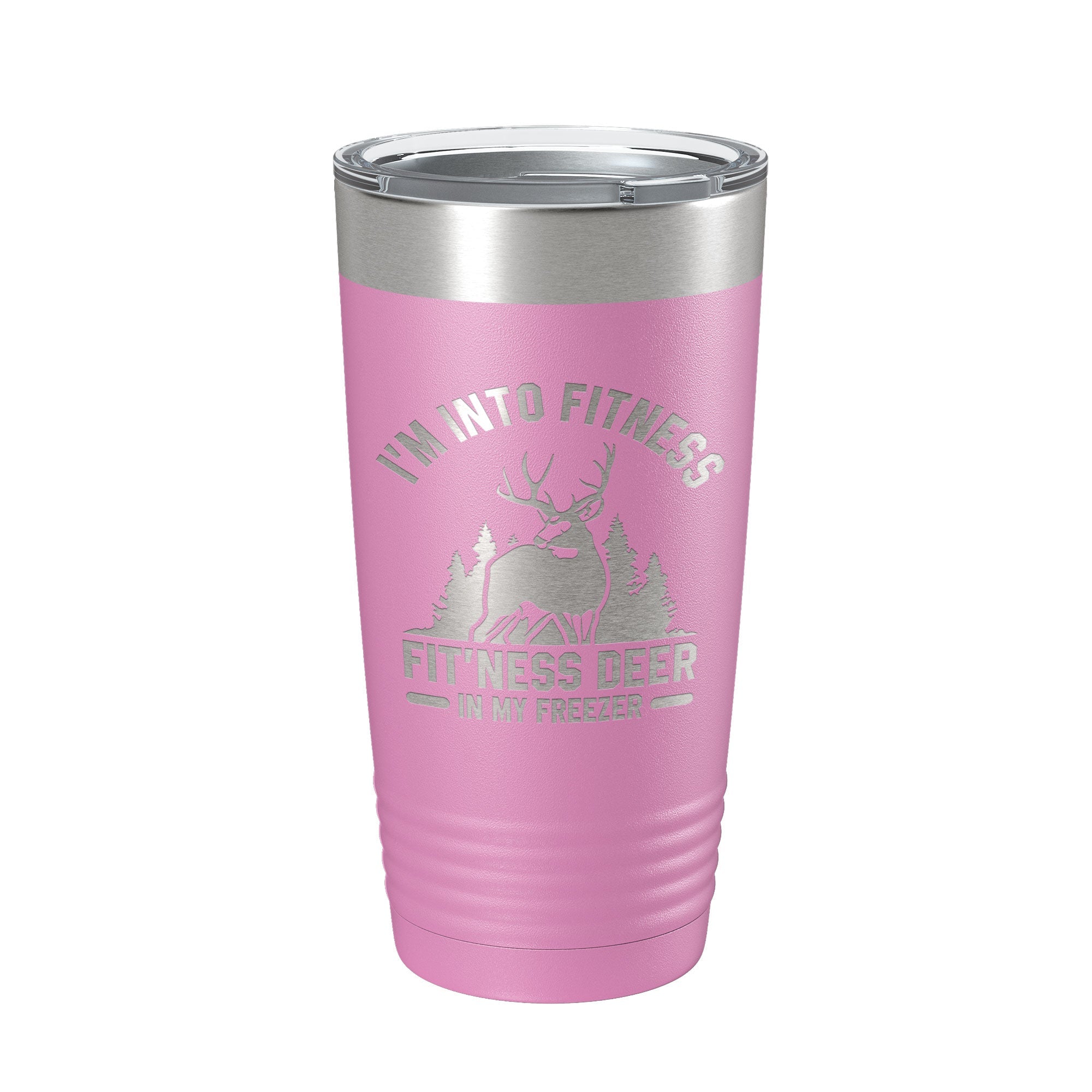 Funny Deer Hunter Travel Mug displayed with other CarveBright products