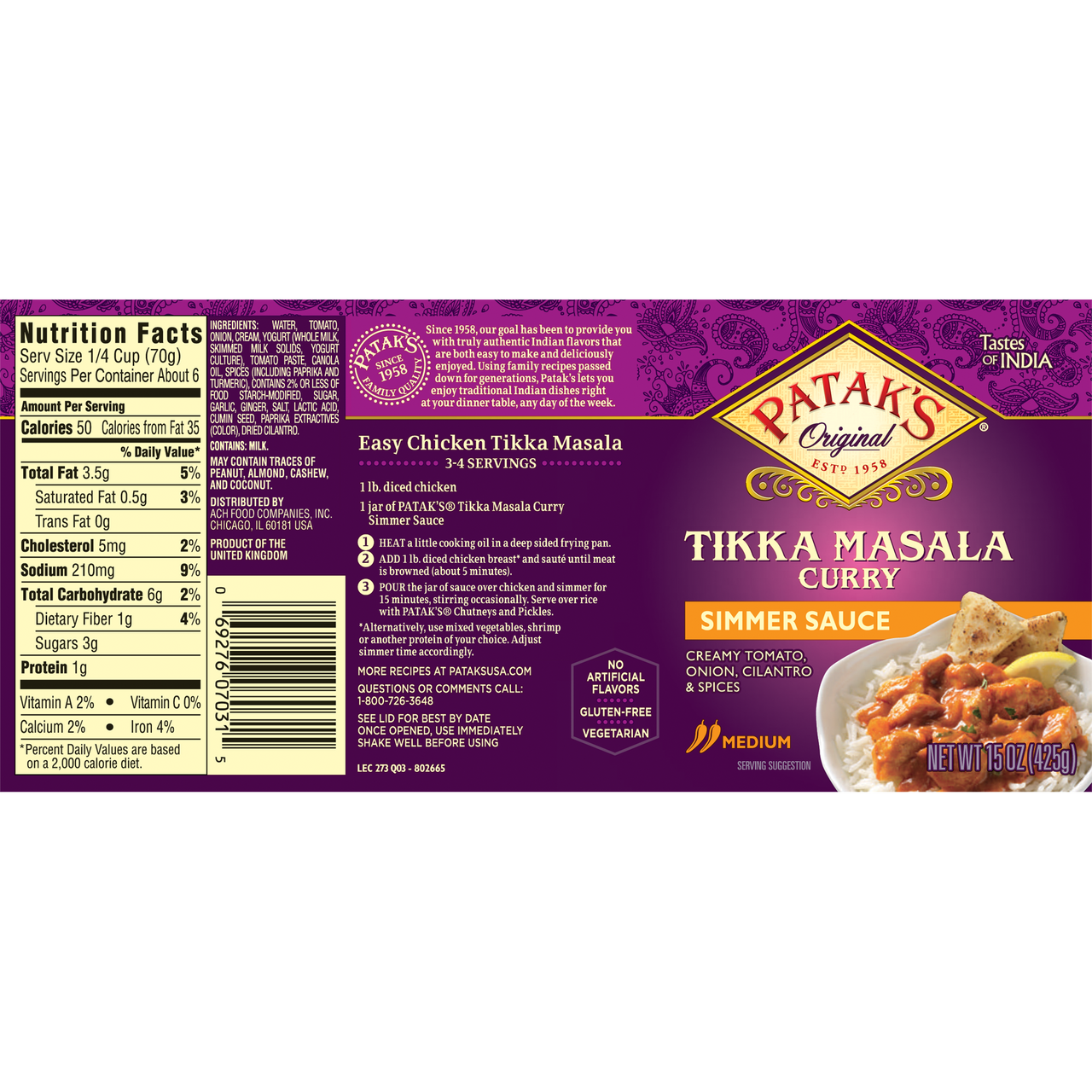Patak's Tikka Masala Curry Cooking Sauce, Medium (6x15Oz)
