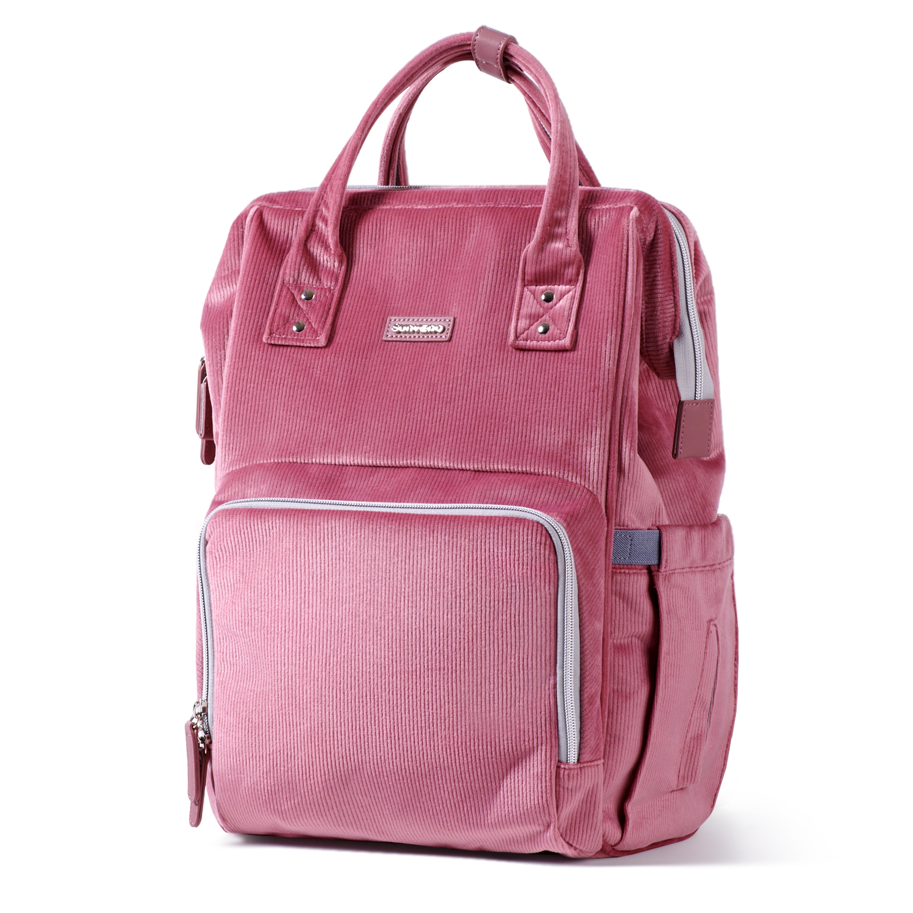 Back view showing the stylish finish of SUNVENO Corduroy Diaper Backpack