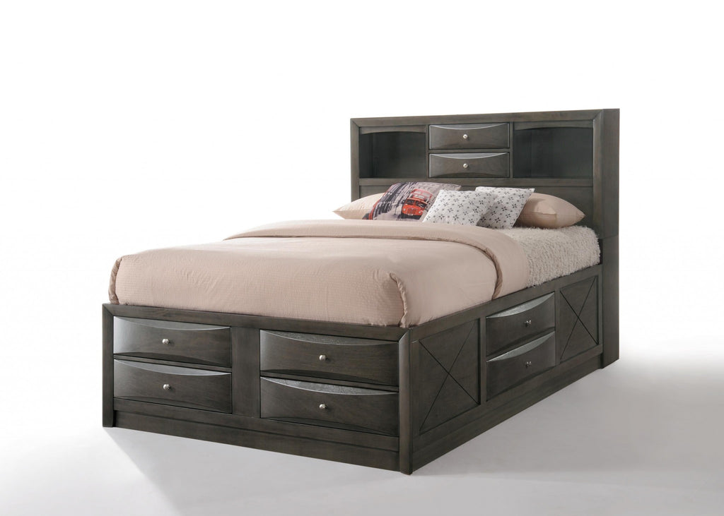 Front view of Elegant Gray Solid Wood King Bed Frame with 10 Drawers