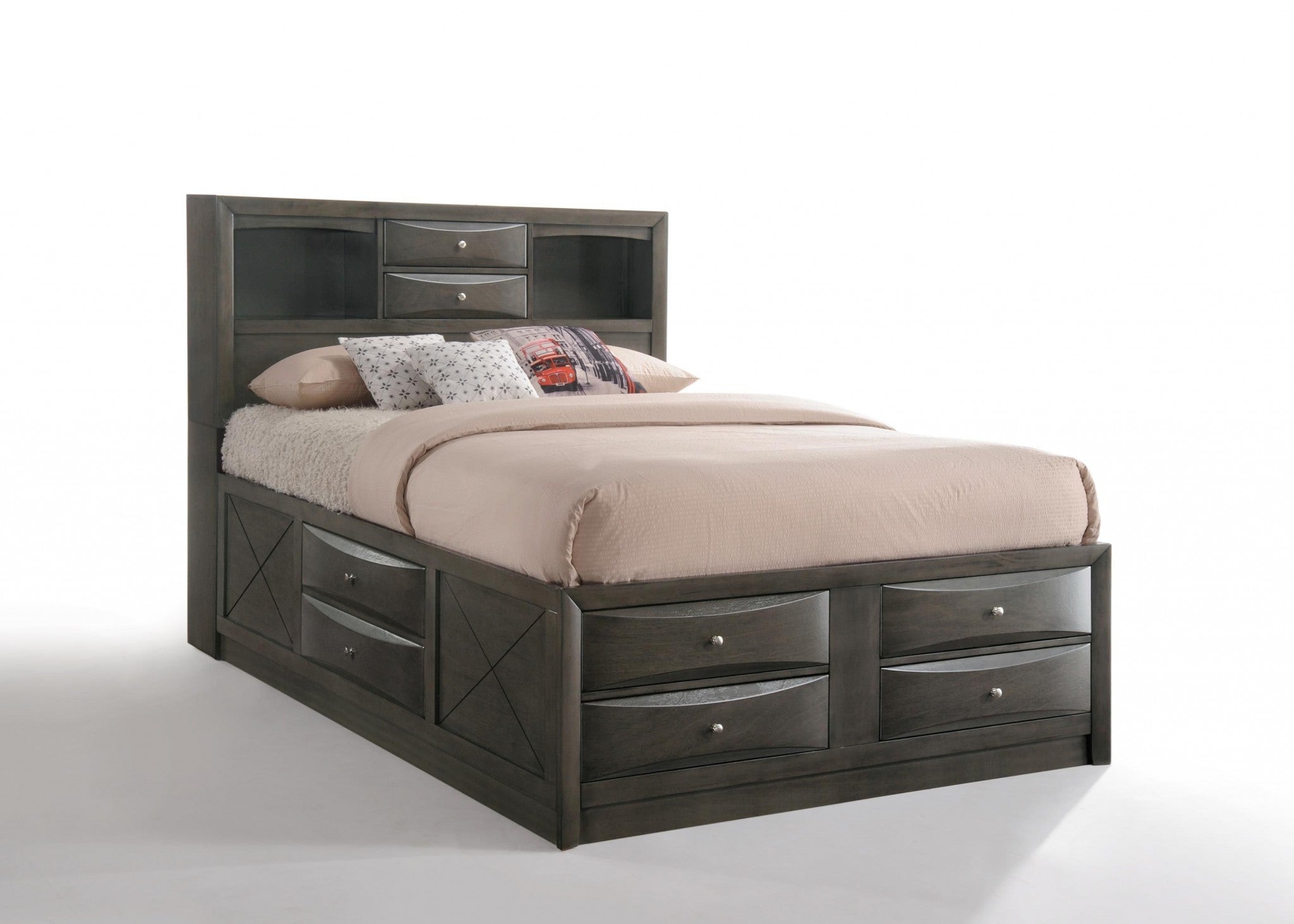 Overall view of Elegant Gray Solid Wood King Bed Frame in modern decor