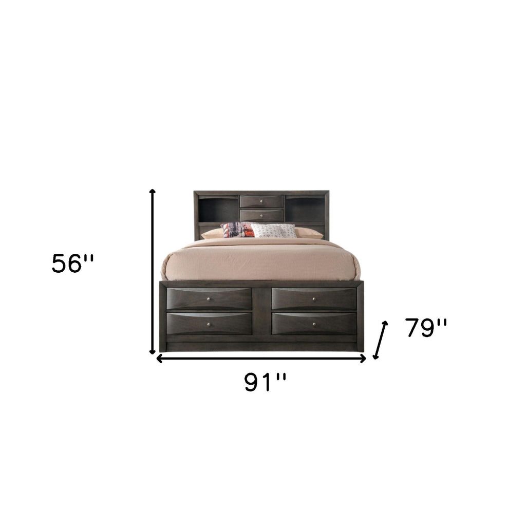 Side angle of Gray Solid Wood King Bed Frame showcasing storage drawers