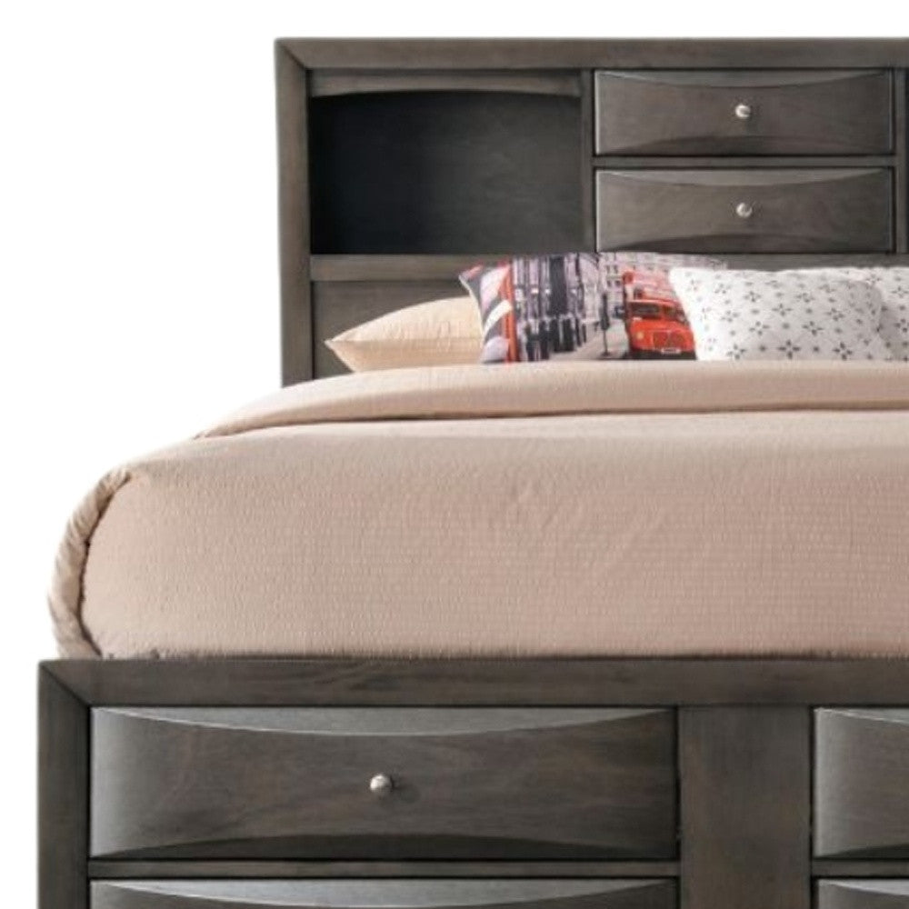 Detail of solid wood craftsmanship on Gray King Bed Frame with Drawers