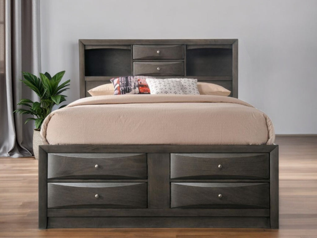 Close-up of storage drawers on Gray Solid Wood King Bed Frame