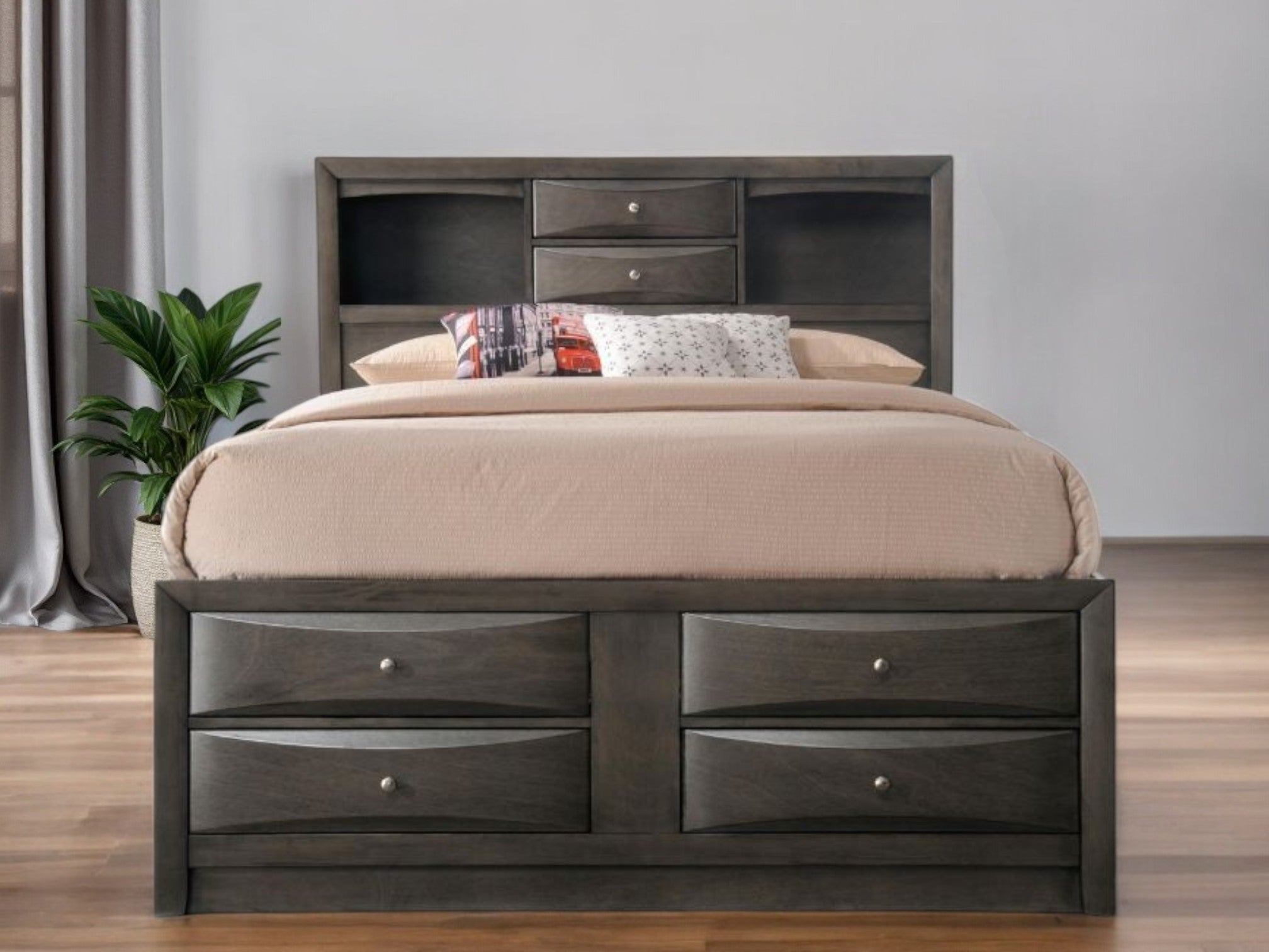 Close-up of storage drawers on Gray Solid Wood King Bed Frame