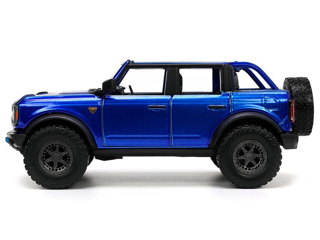 Back view of 2021 Ford Bronco Diecast Model in vibrant Candy Blue finish