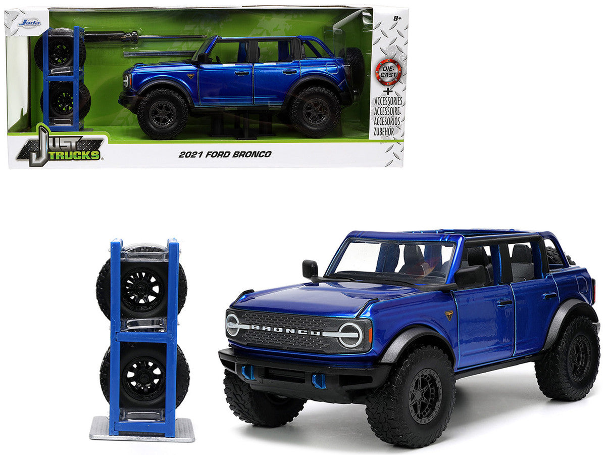 Side angle of 2021 Ford Bronco Diecast Model showcasing real rubber tires