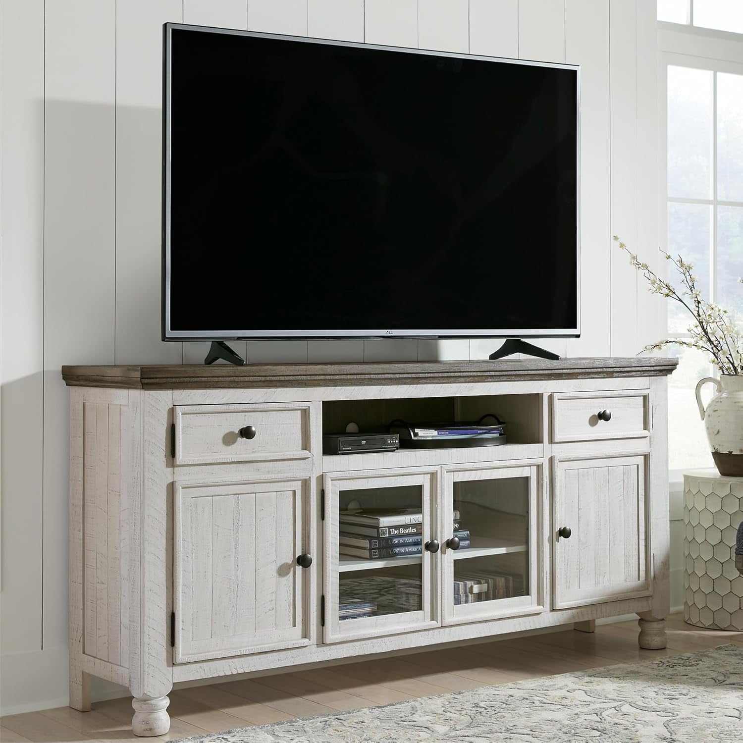 Farmhouse TV Stand Weathered Gray Seventy Two Inch Televisions