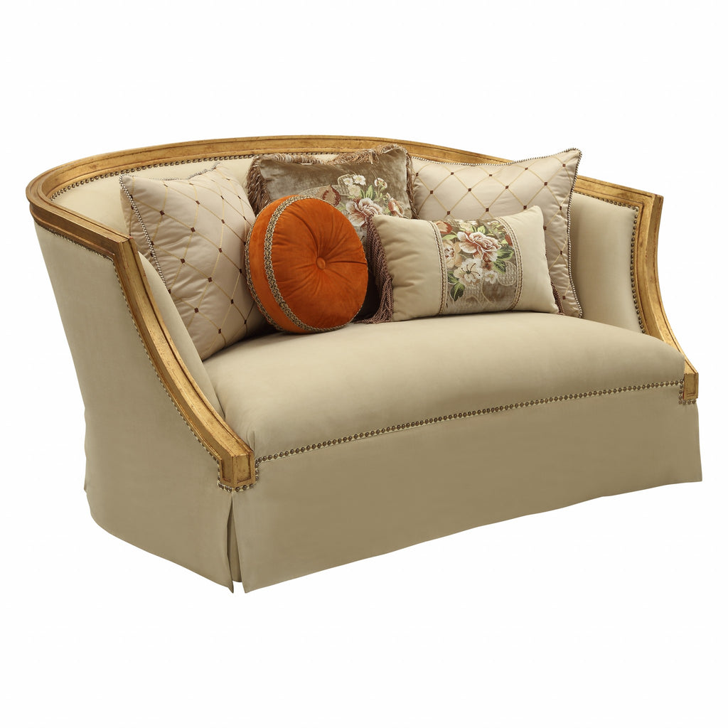 Front view of Tan and Gold Curved Loveseat by Homeroots