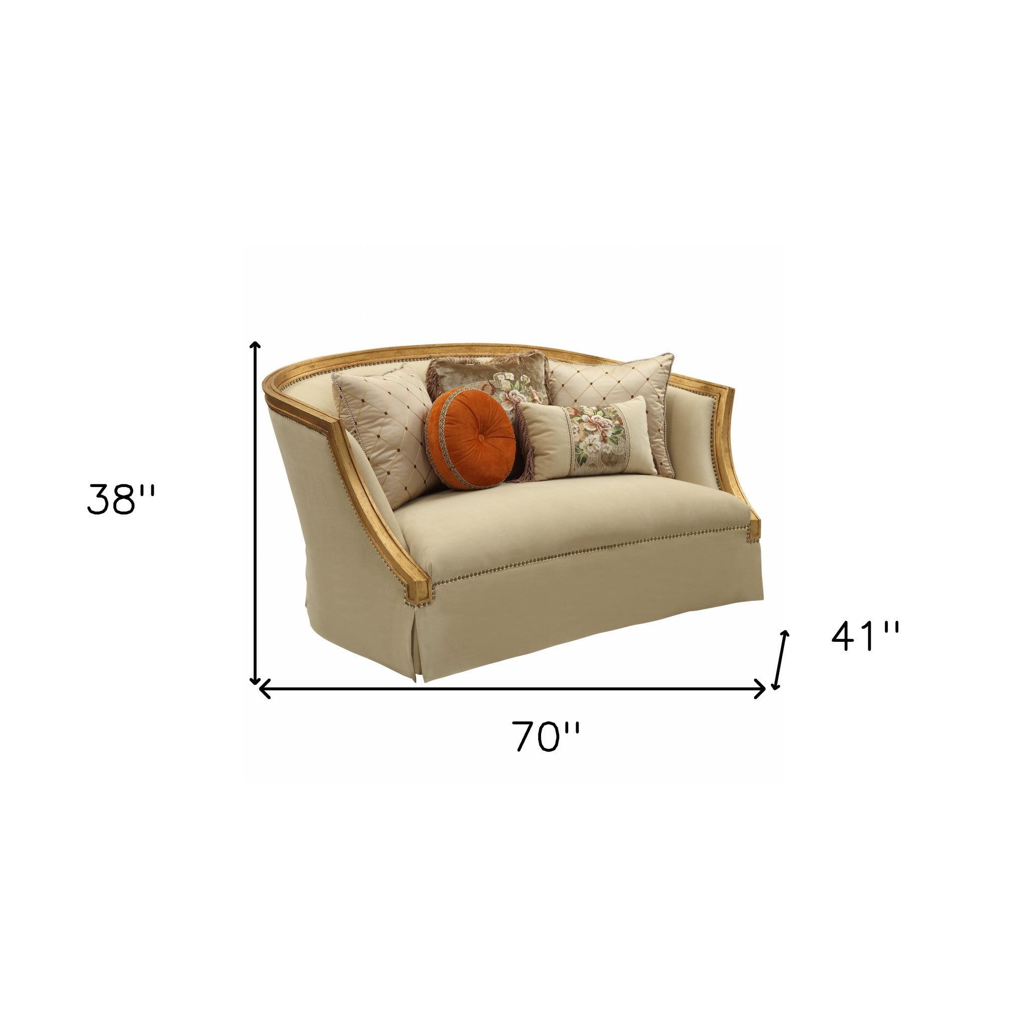 Tan and Gold Curved Loveseat highlighting its elegant design
