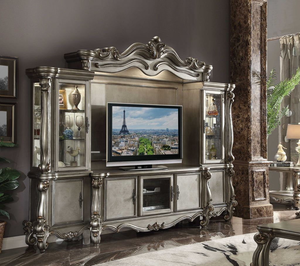 Side angle of 118" Platinum Solid Wood Floating TV Stand showcasing its sleek design
