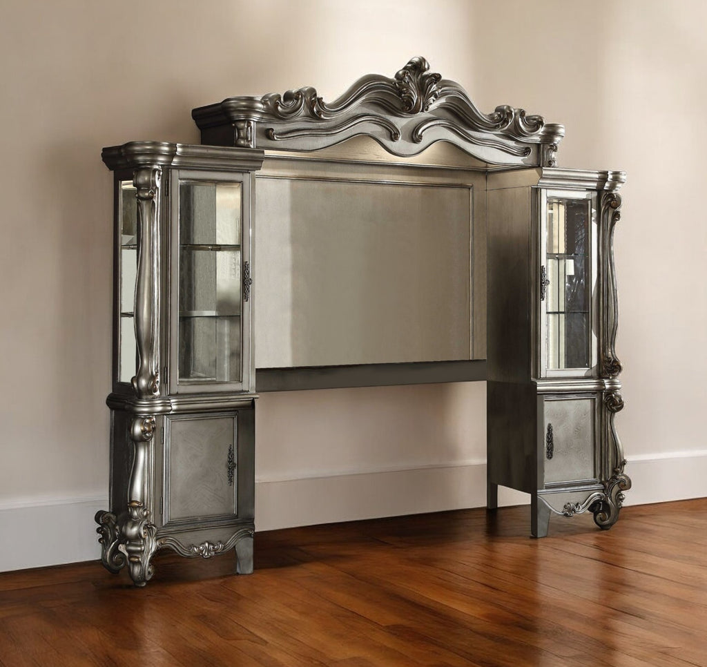 Living room setup featuring the 118" Platinum Solid Wood Floating TV Stand