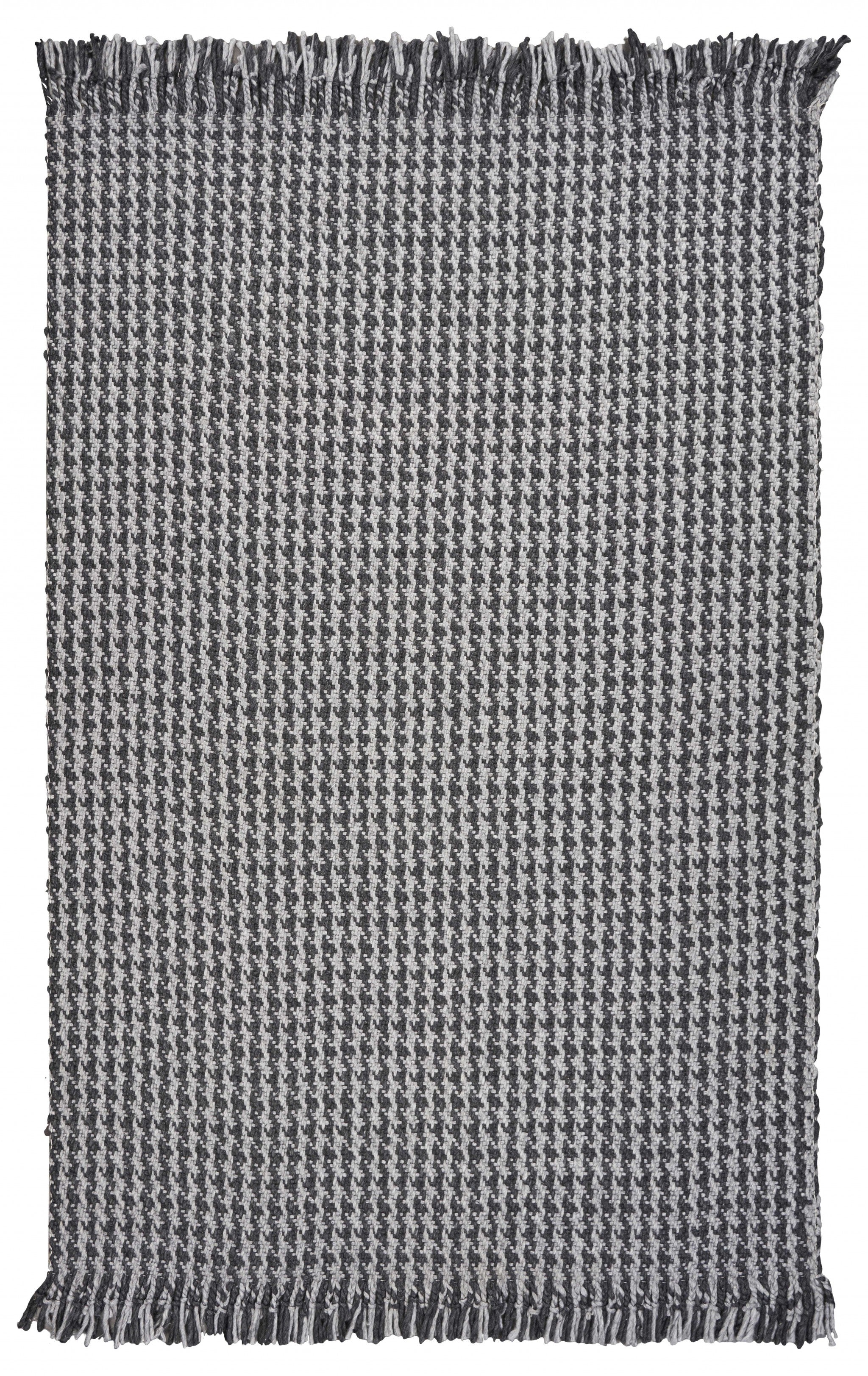 8' X 10' Gray And Light Gray Wool Houndstooth Hand Woven Area Rug With Fringe