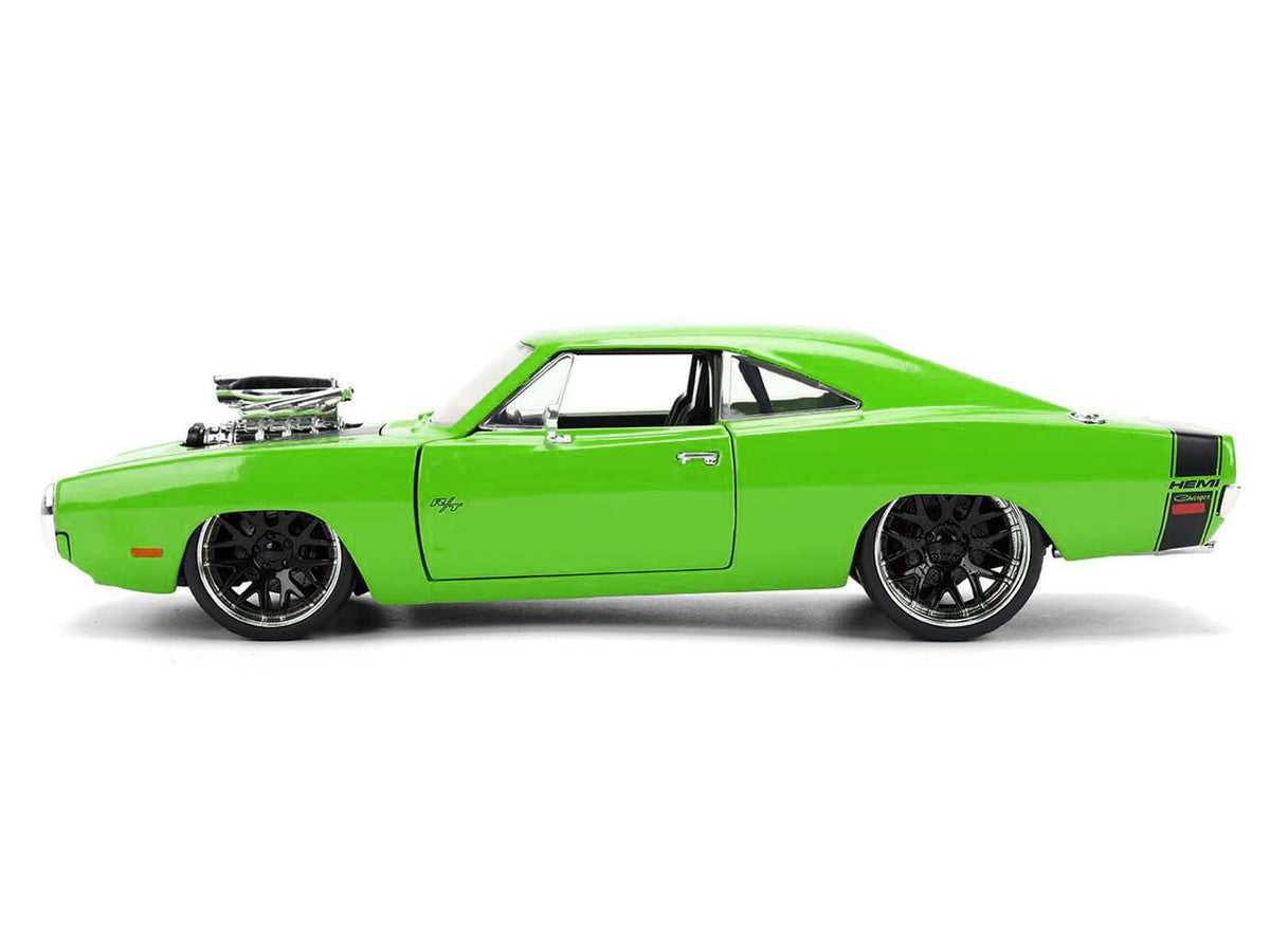 Side angle of 1970 Dodge Charger R/T Bright Green Diecast Model showcasing details