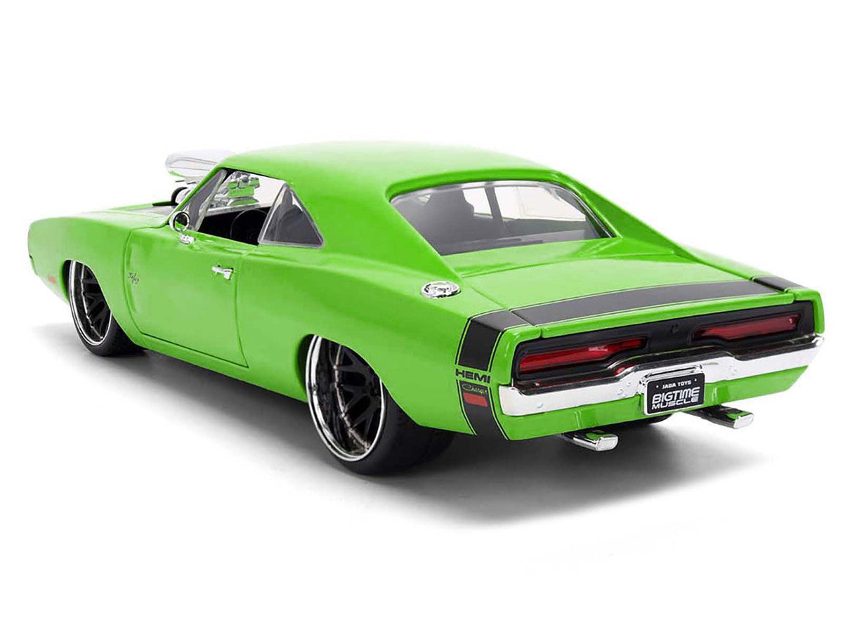 Rear view of 1970 Dodge Charger R/T Bright Green Diecast Model with open trunk
