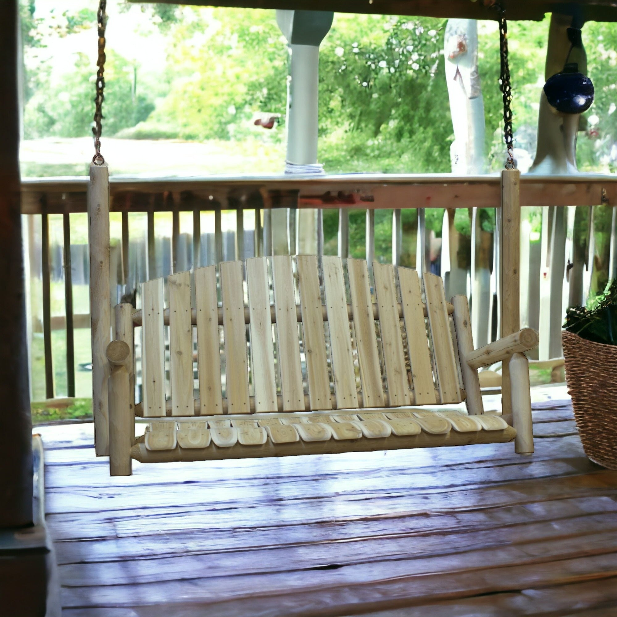Close-up of the armrest on 71-Inch Natural Solid Wood Swing Chair