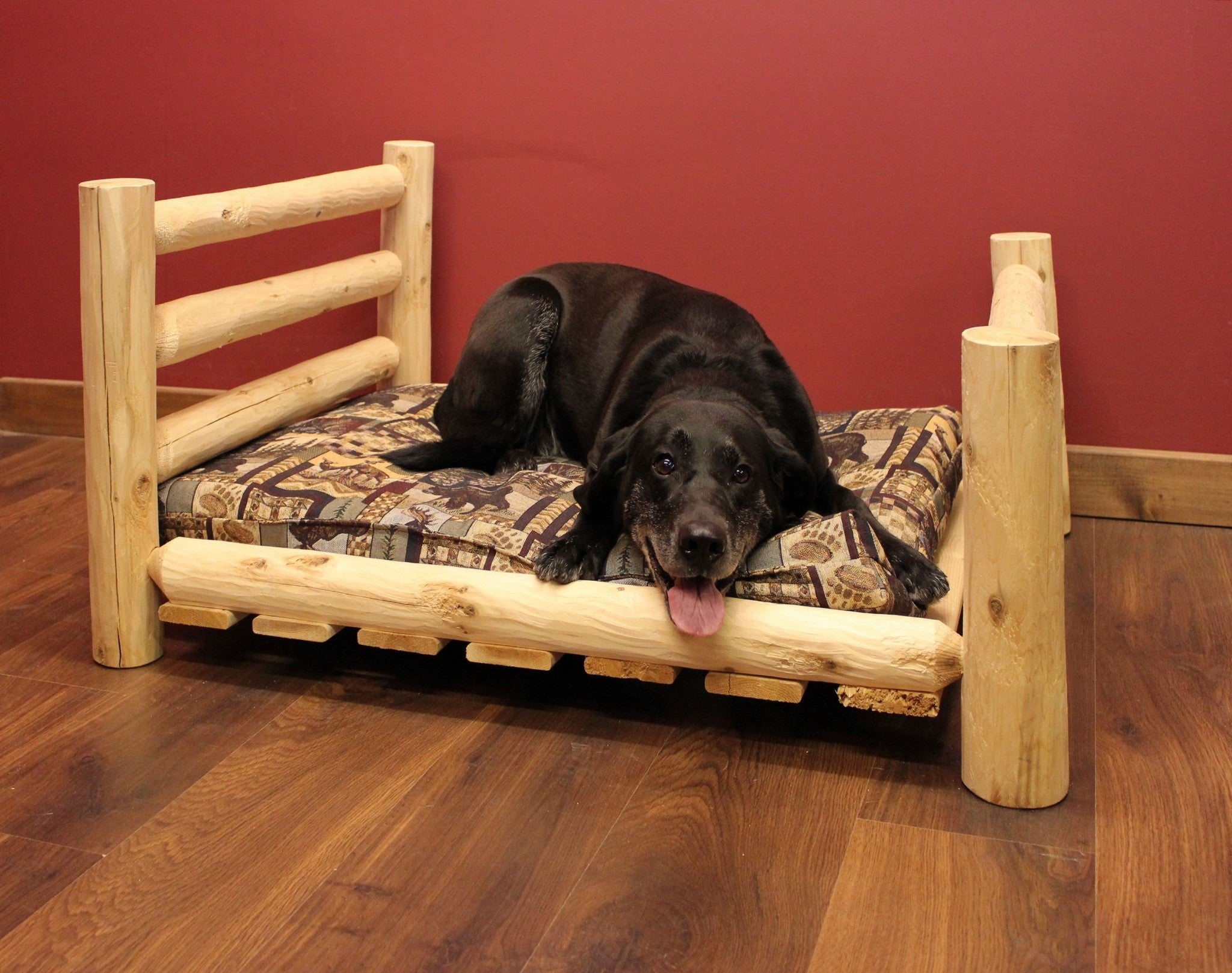 Side view of Cedar Log Replica Pet Bed by Homeroots in natural finish