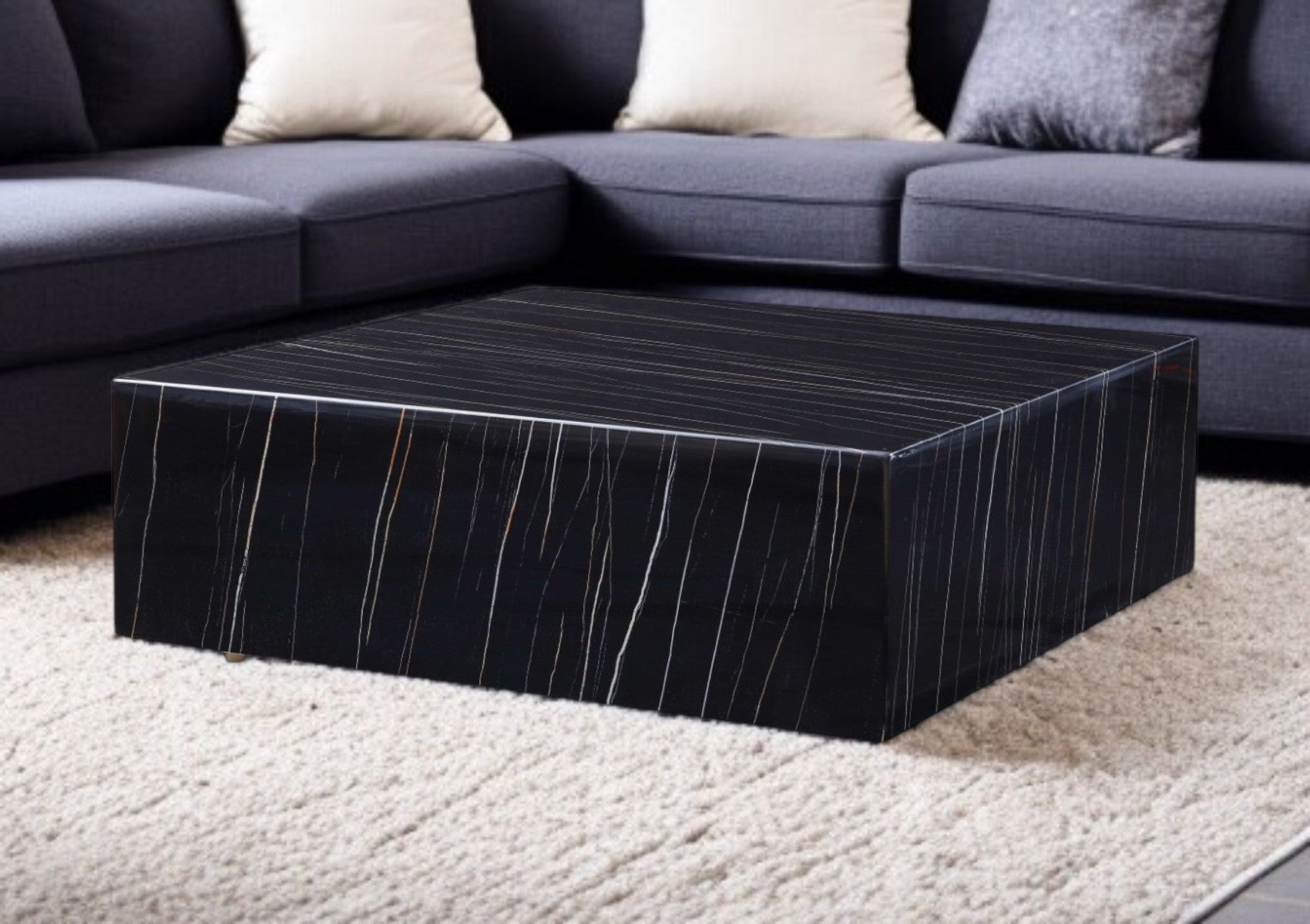 Top view of 35" Black Marble and Brass Square Coffee Table with decor