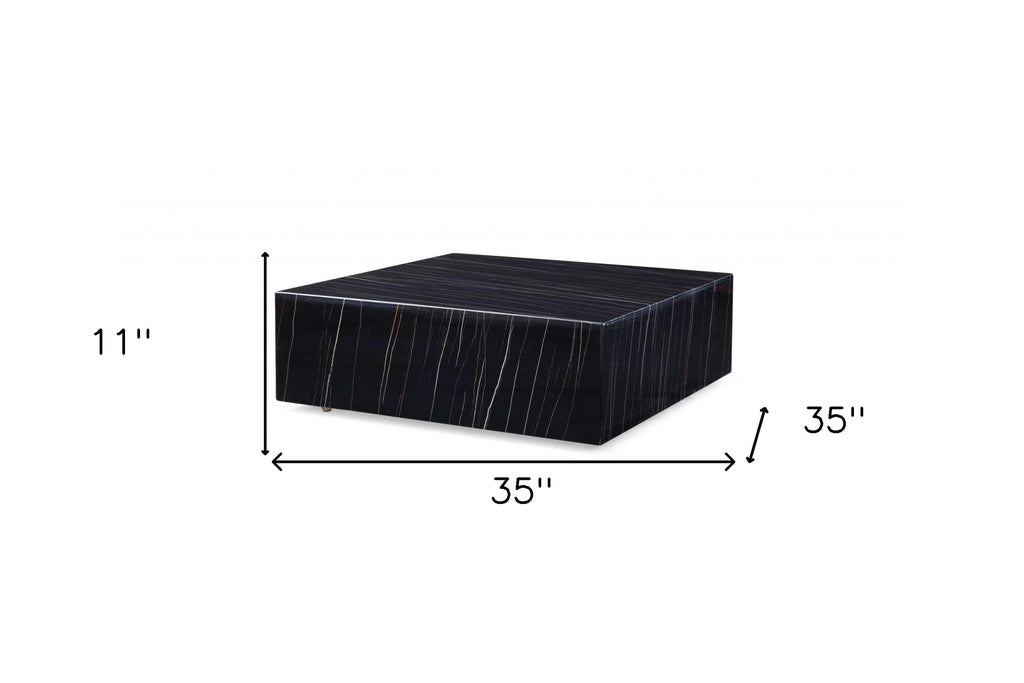 Side angle of 35" Black Marble Square Coffee Table showcasing brass details