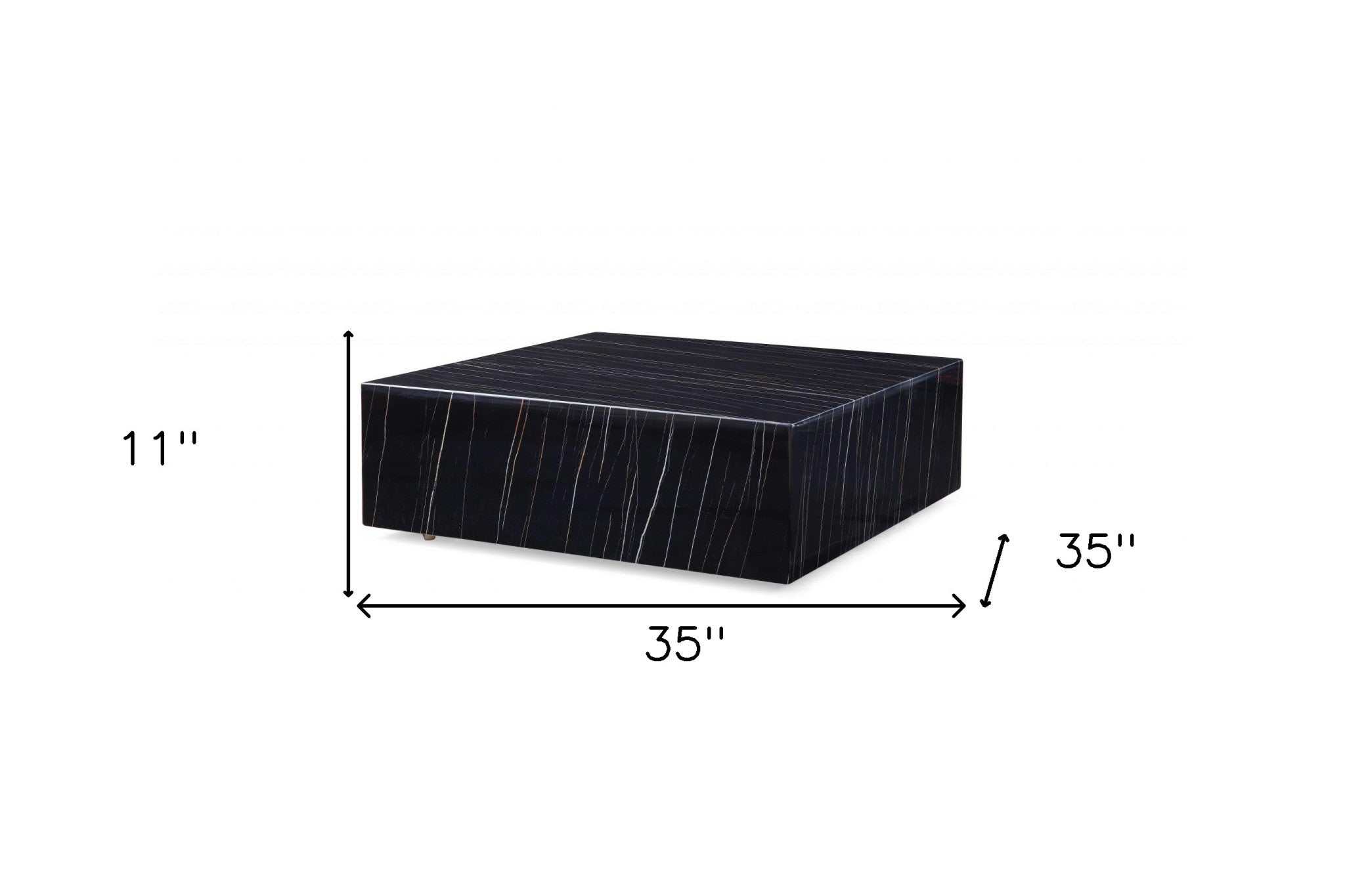 Side angle of 35" Black Marble Square Coffee Table showcasing brass details